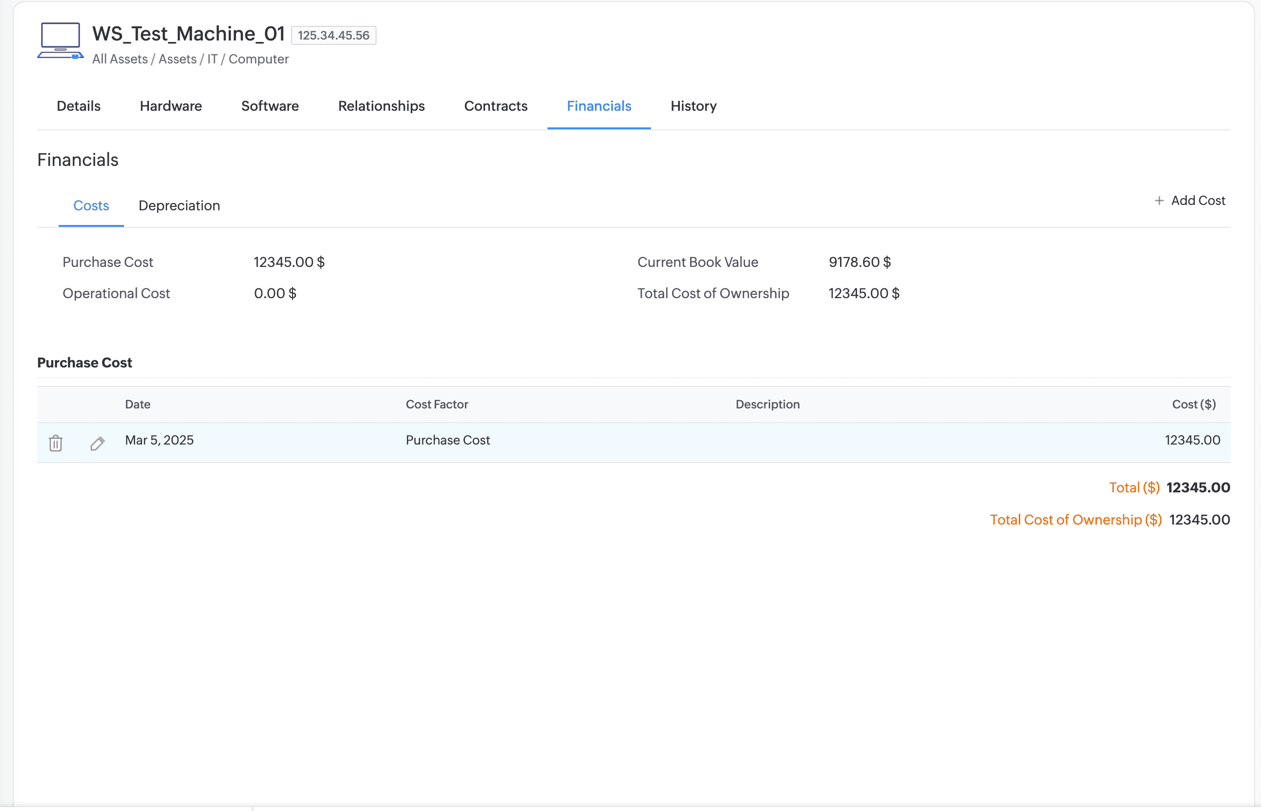 Asset details page in ServiceDesk Plus showing purchase cost, depreciation schedule, and financial summary