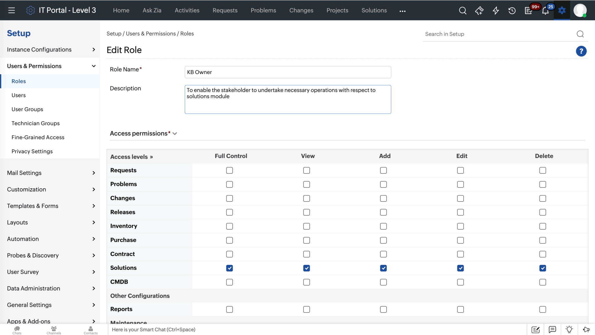 Custom role permission configuration in ServiceDesk Plus Custom role configuration with module and action-level permissions in ServiceDesk Plus