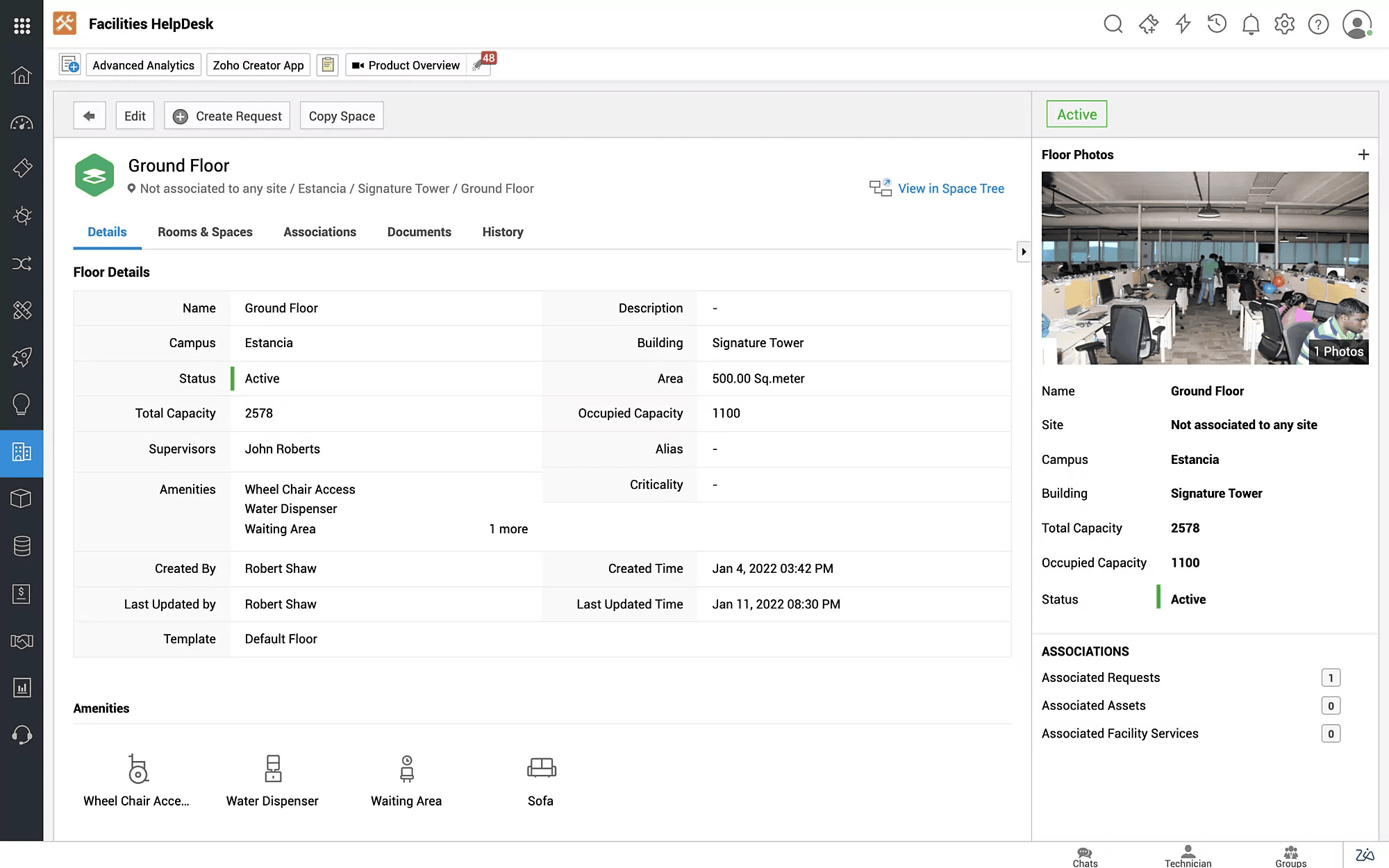 ServiceDesk Plus facility ticket showing location-specific fields, HVAC request category, and assigned technician