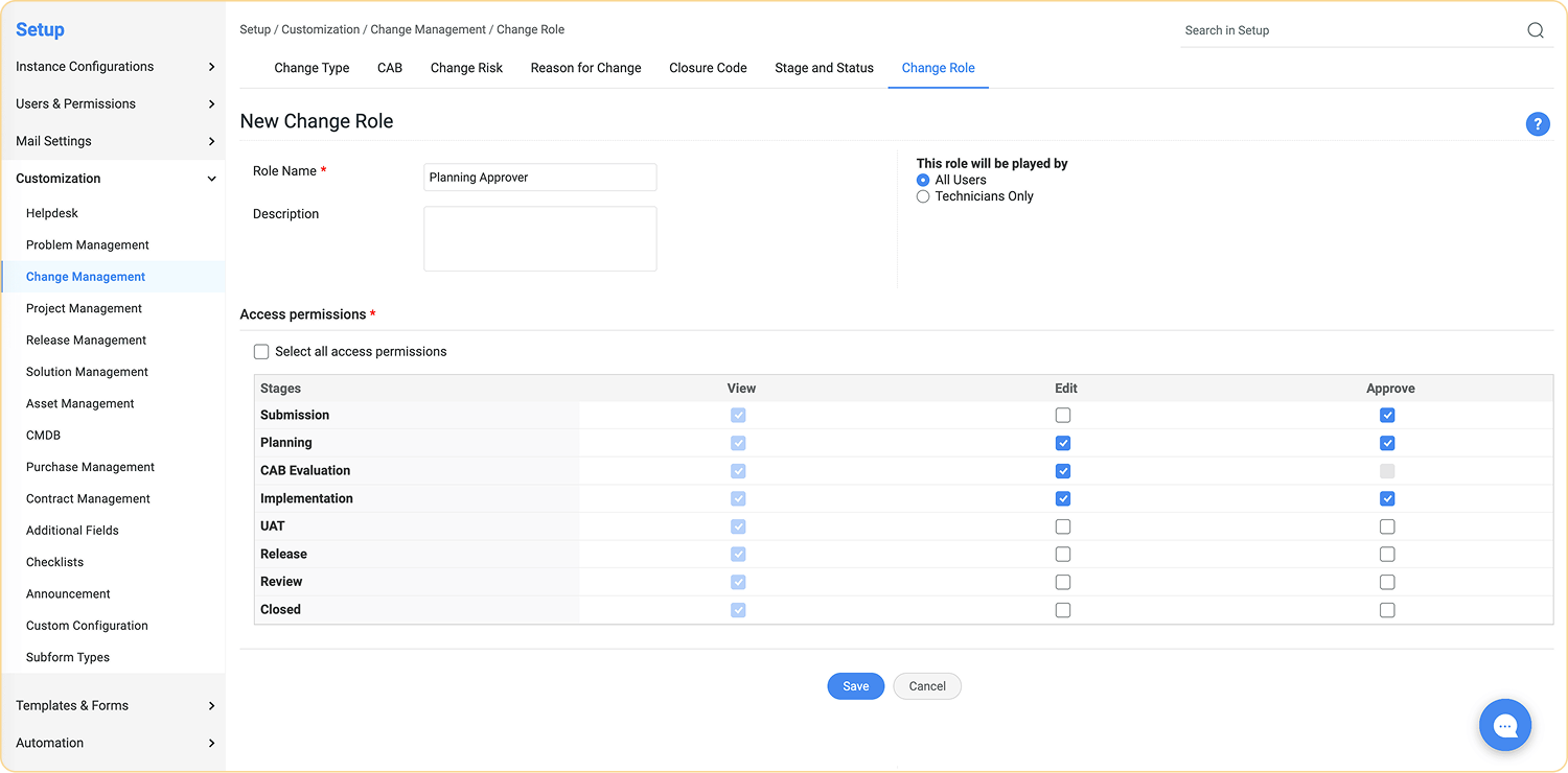 Assign and manage change roles with granular access controls