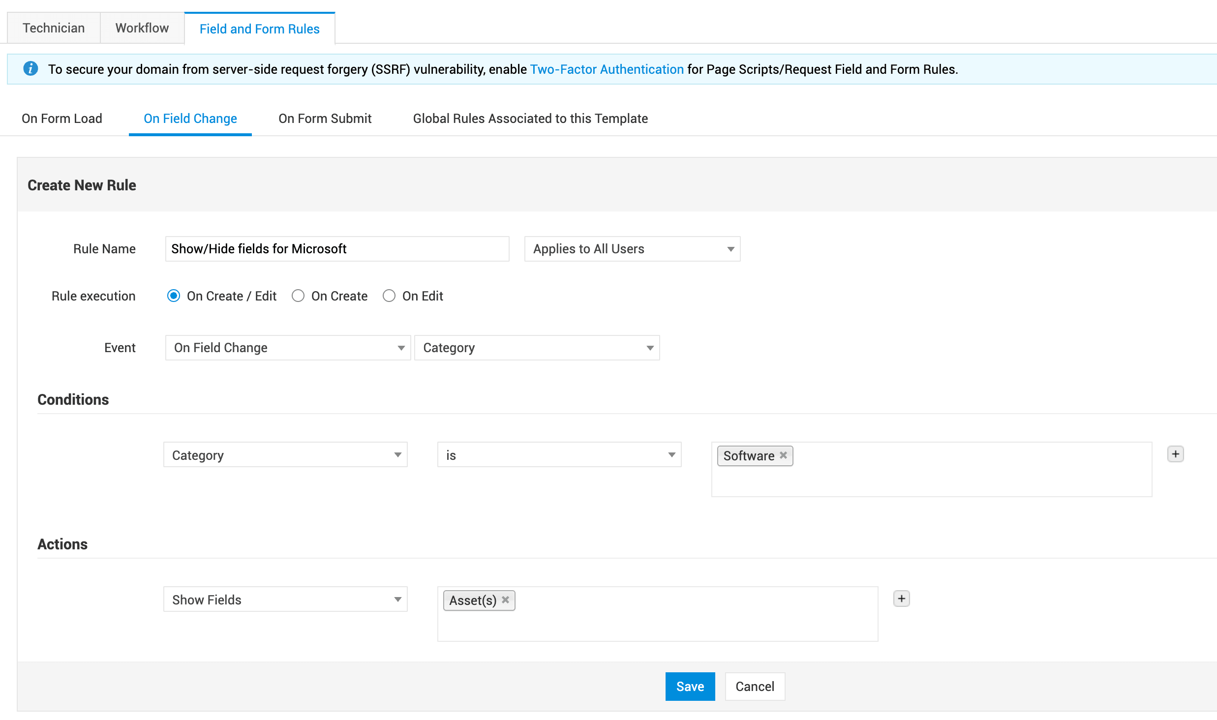 Field and form rules for dynamic service request templates in ServiceDesk Plus