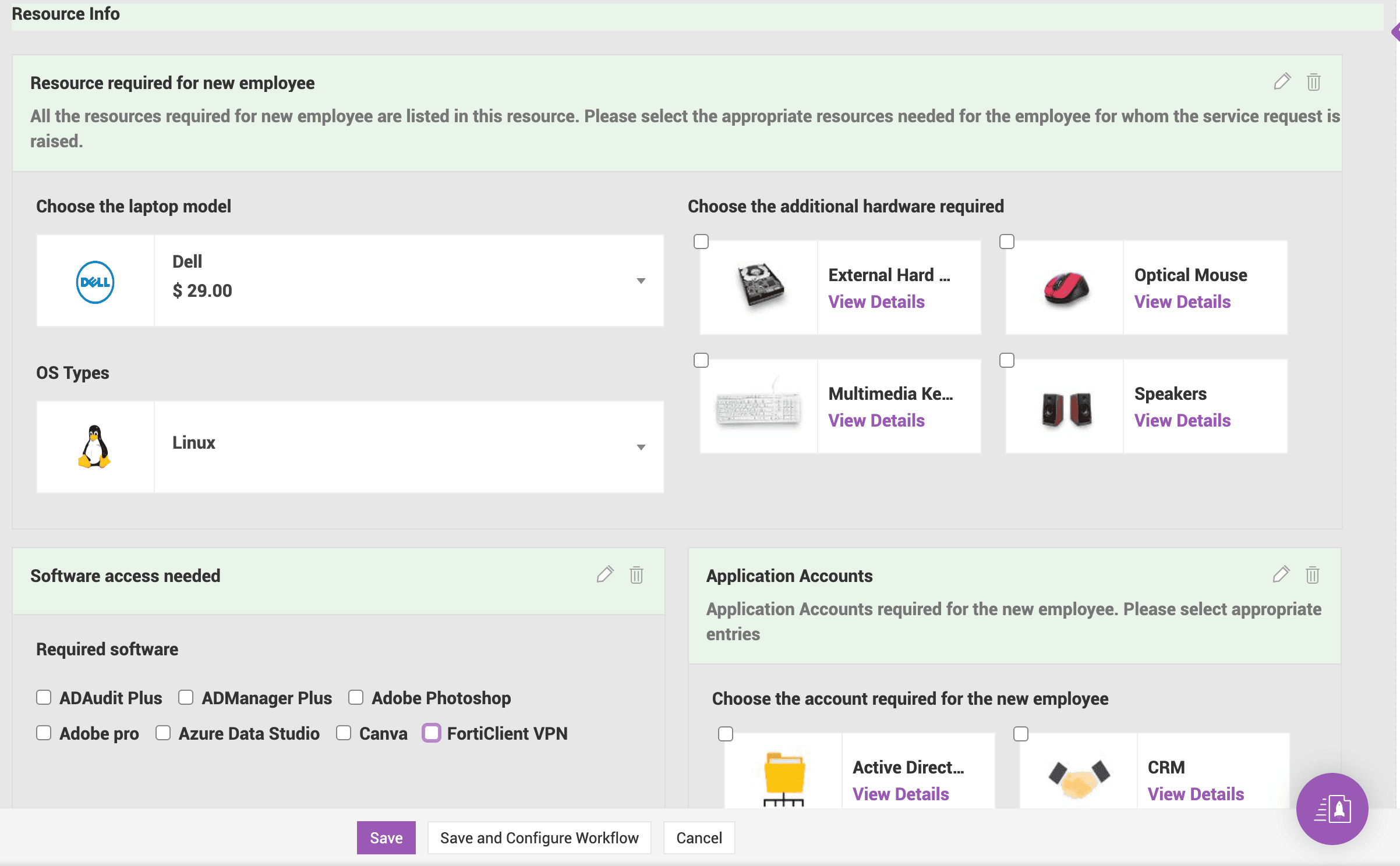 Resource Info section with resource questions in ServiceDesk Plus