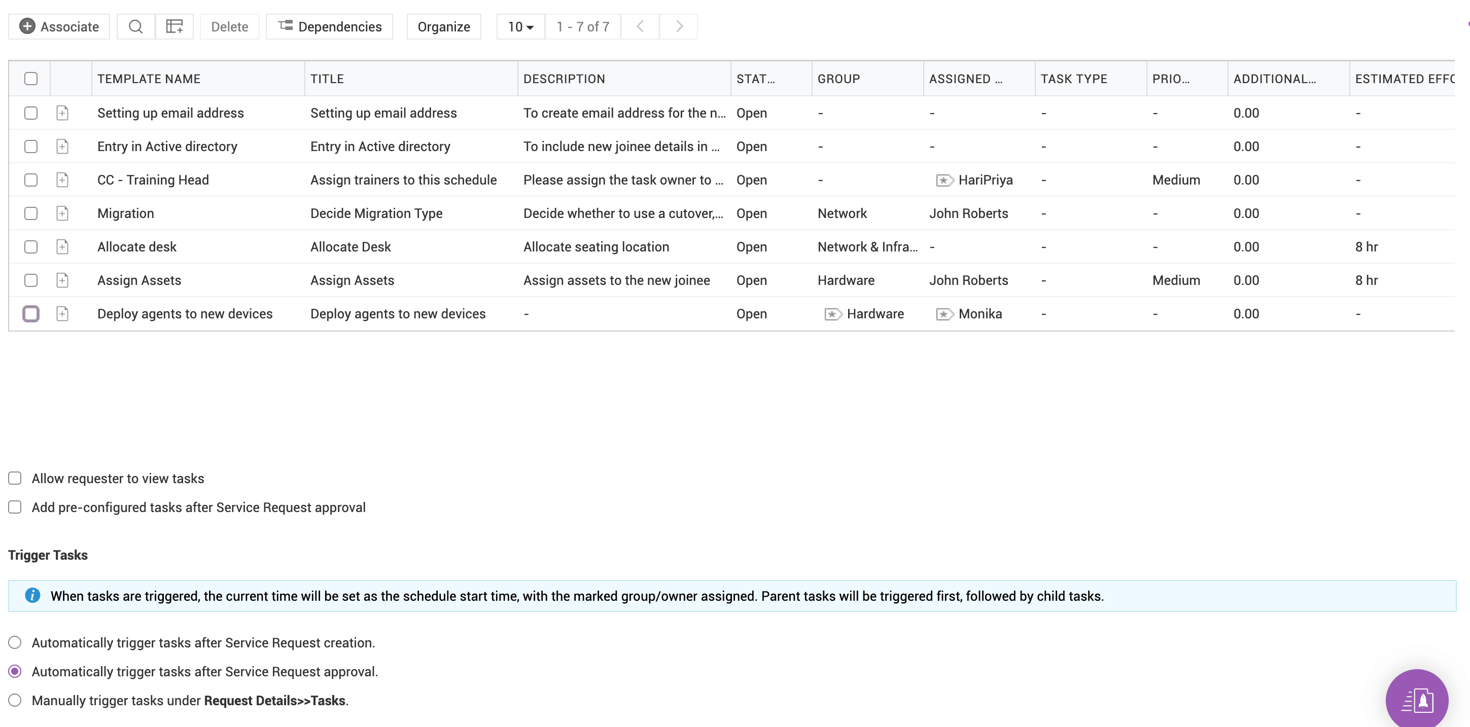 Task dependency mapping in a service request template in ServiceDesk Plus
