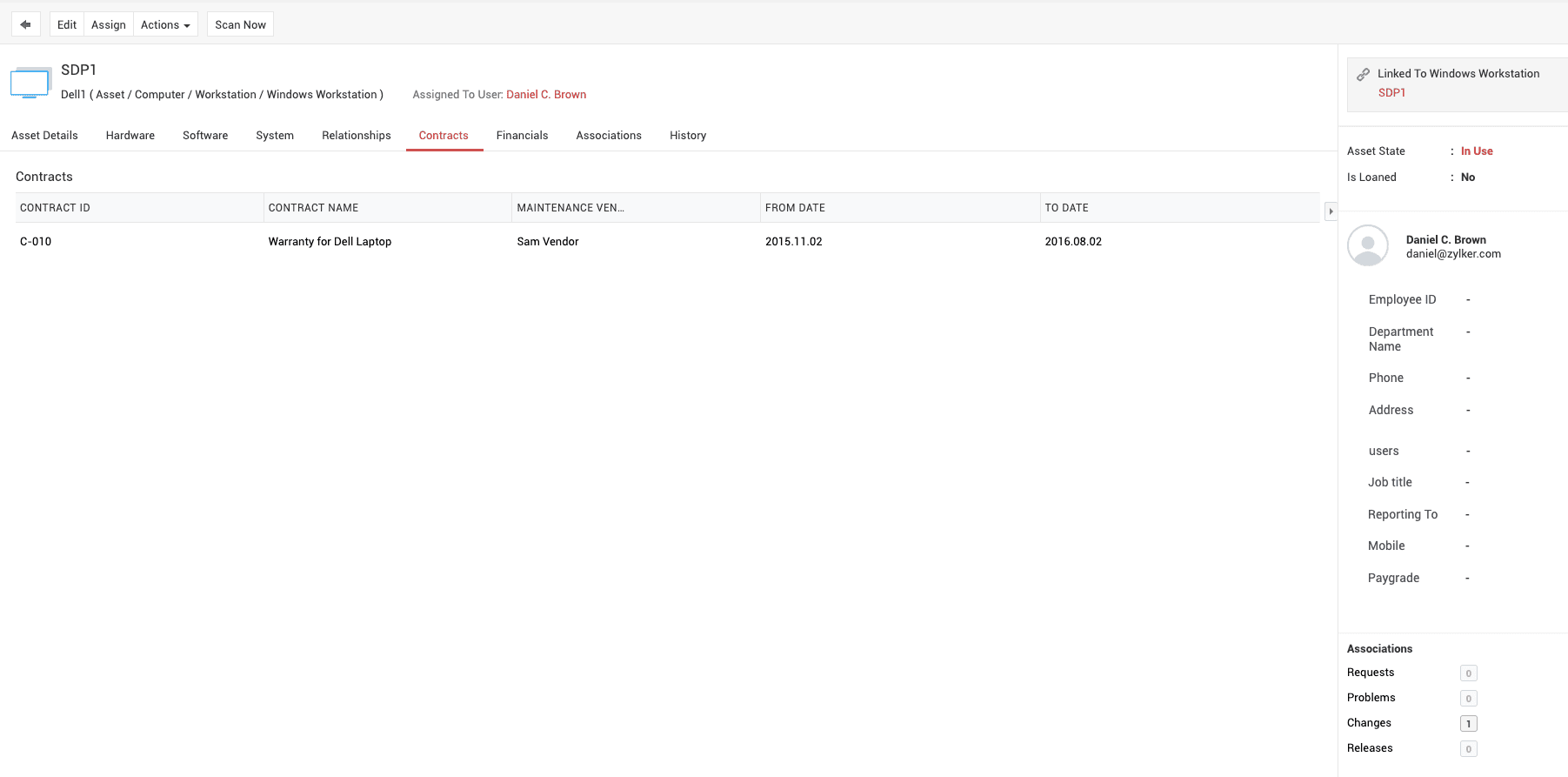Asset contracts in ServiceDesk Plus Asset contract associated with vendor in ServiceDesk Plus