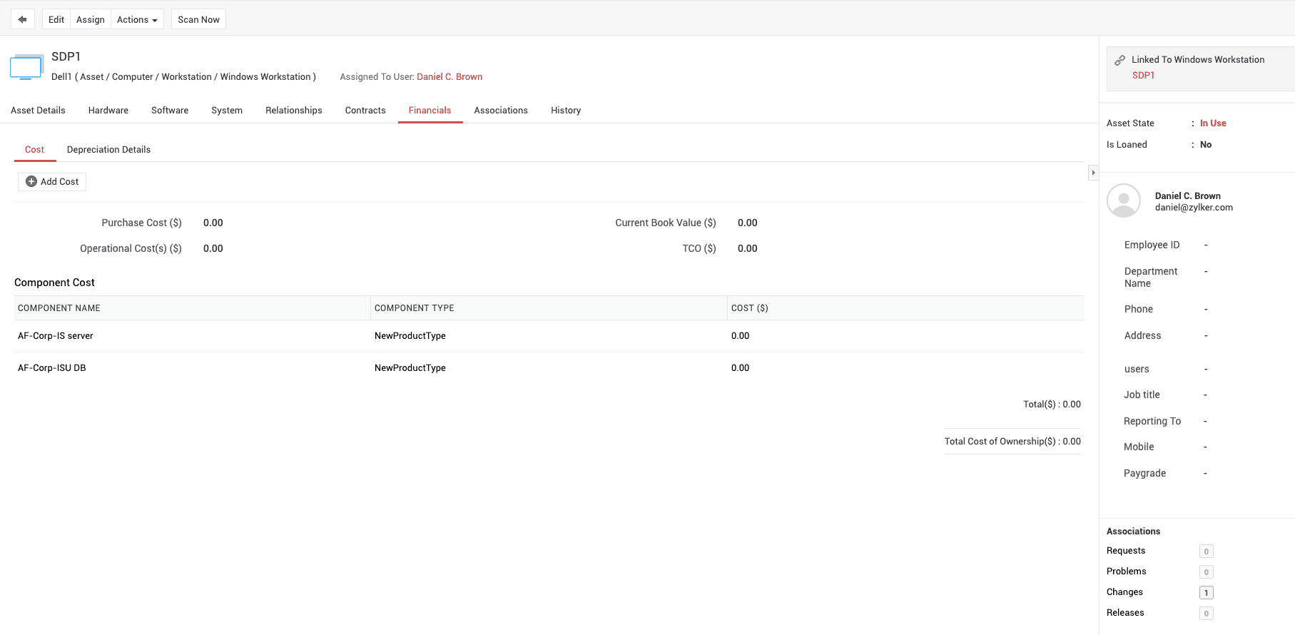 Asset financials in ServiceDesk Plus Asset financials showing purchase cost and TCO