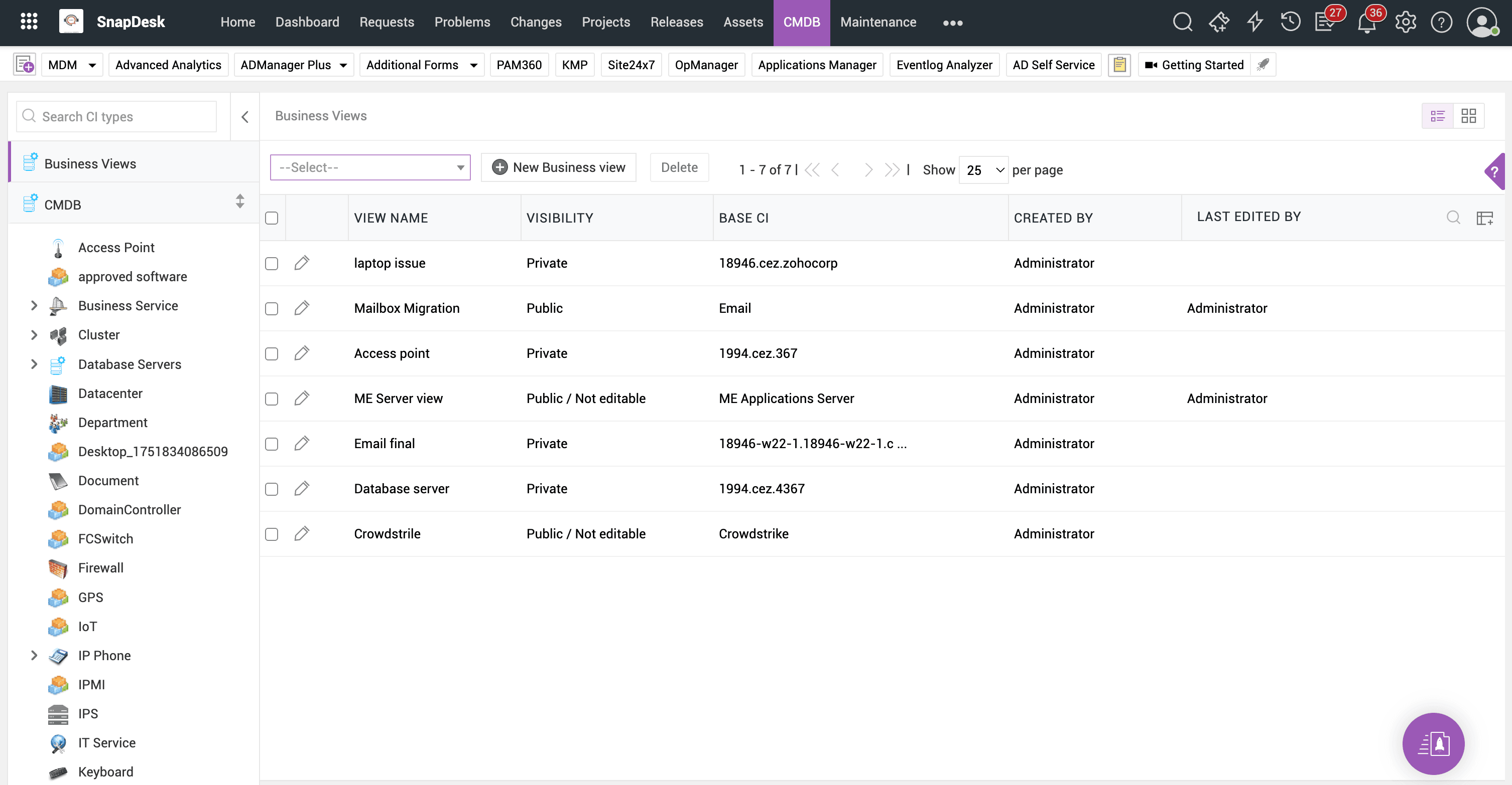 CMDB business Views in ServiceDesk Plus CMDB business Views list with saved infrastructure views