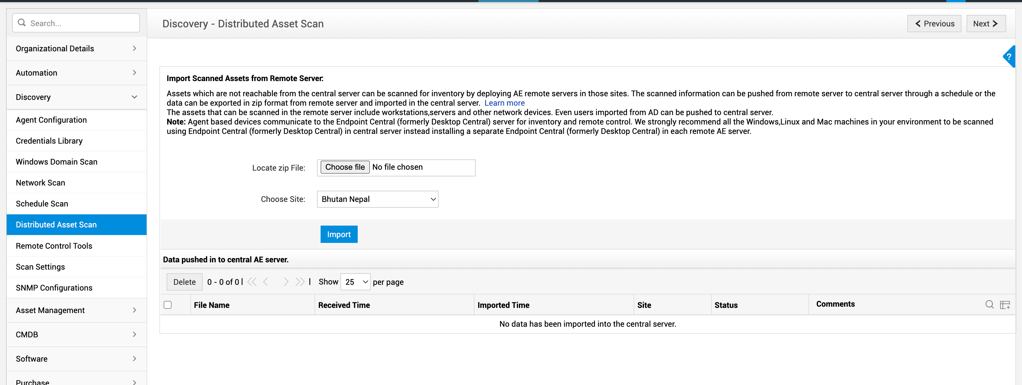 Distributed asset scan in ServiceDesk Plus Distributed asset scan with remote server import