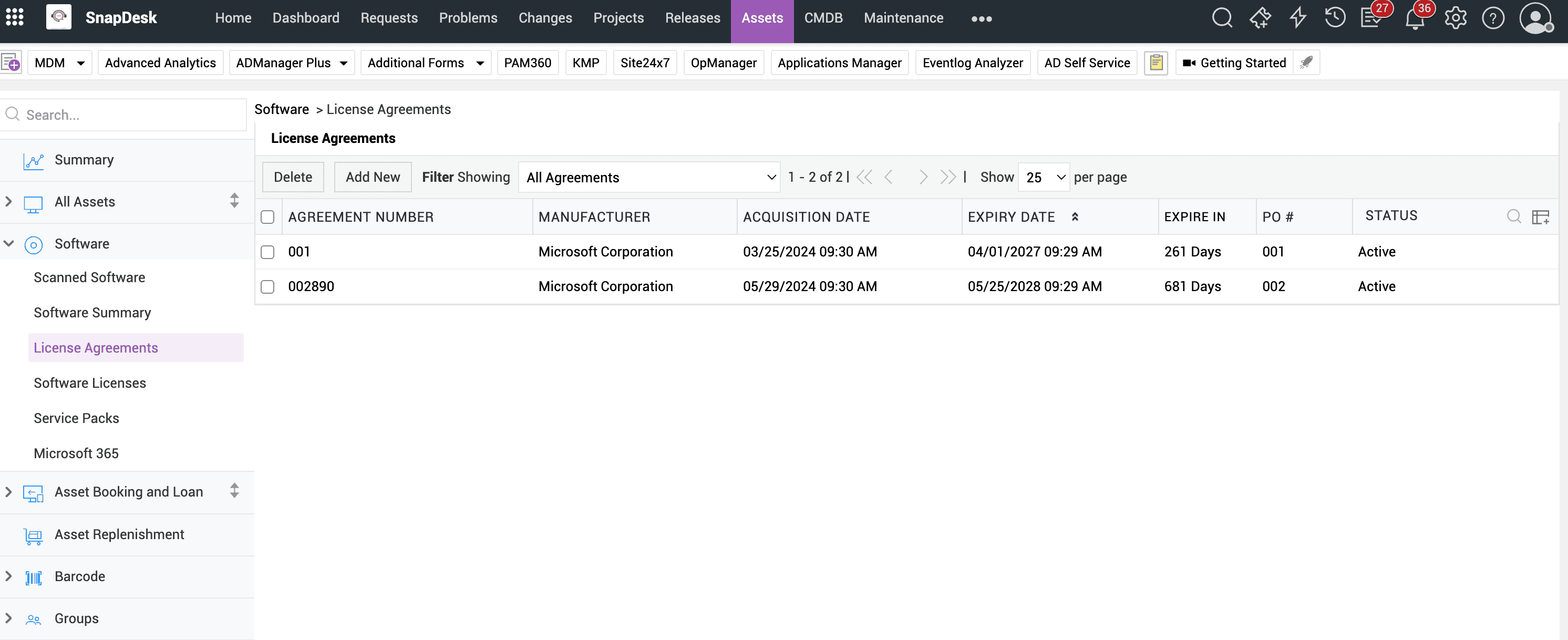 License agreements in ServiceDesk Plus Software license agreements with expiry details in ServiceDesk Plus