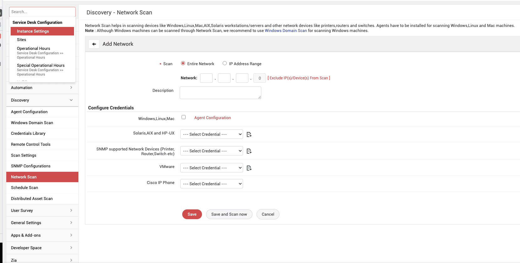Add Network scan configuration in ServiceDesk Plus on-premises Add network scan