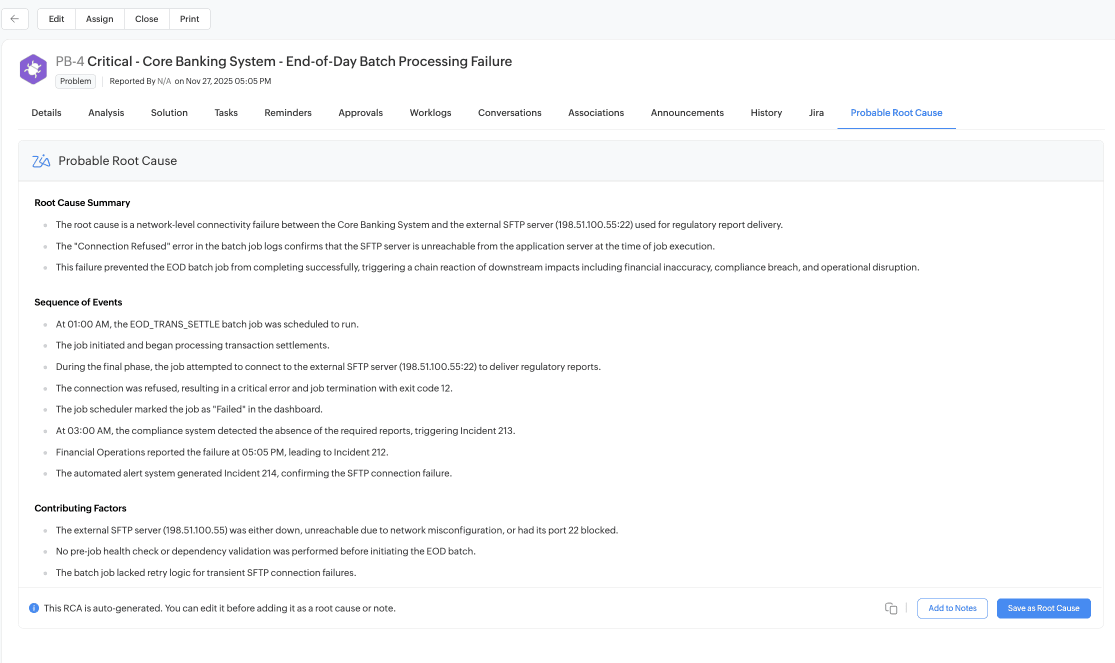 Probable root cause analysis in problem workflow Probable root cause analysis in a problem workflow showing sequence of events & contributing factors