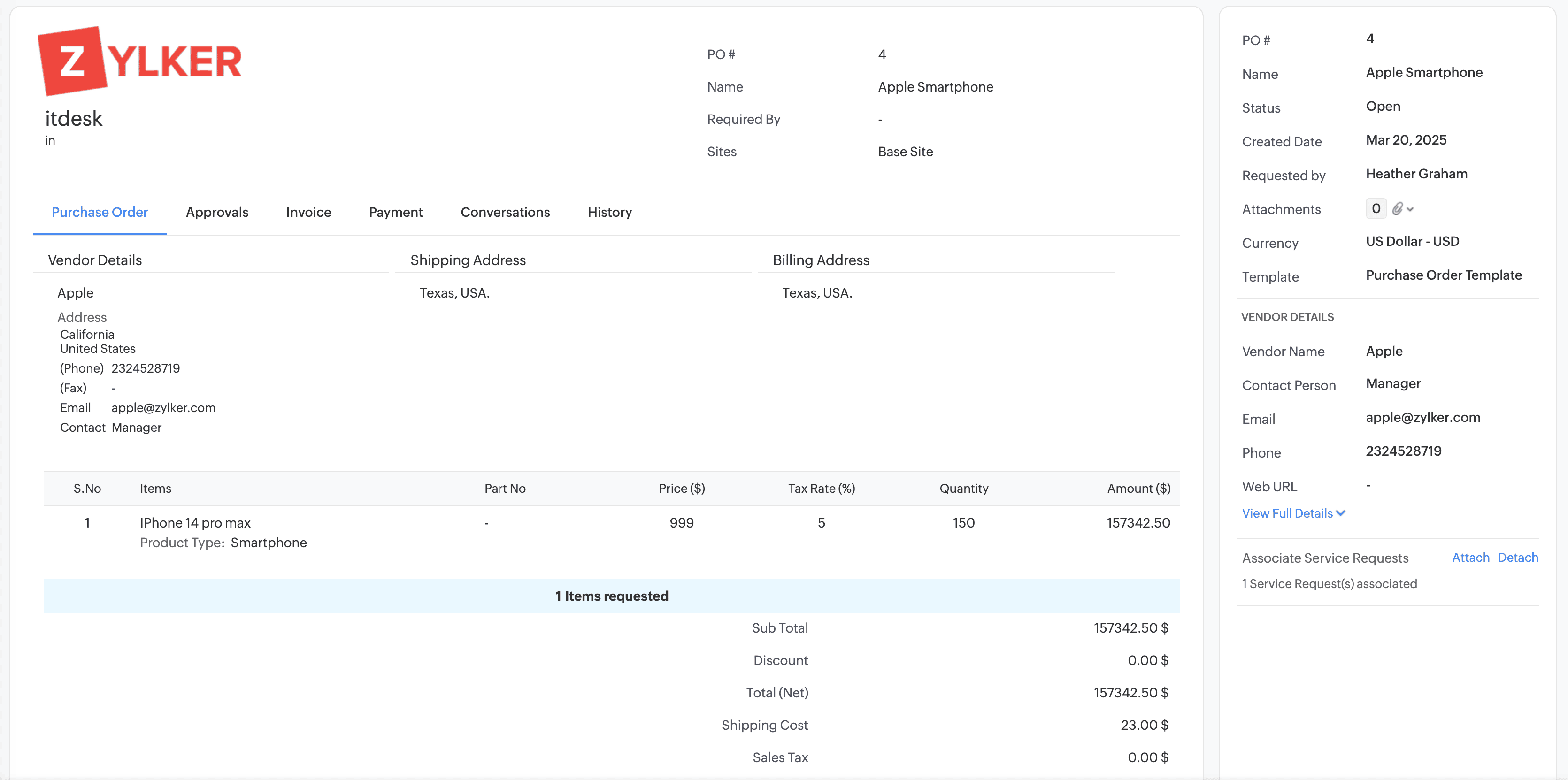 ServiceDesk Plus purchase order form showing PO details, vendor info, quantity, cost, and approval status