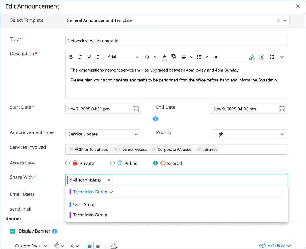 Sending site-specific announcements to users across business locations