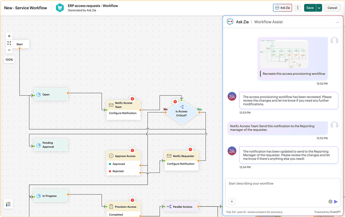 AI-powered workflow creation using Zia in change management software
