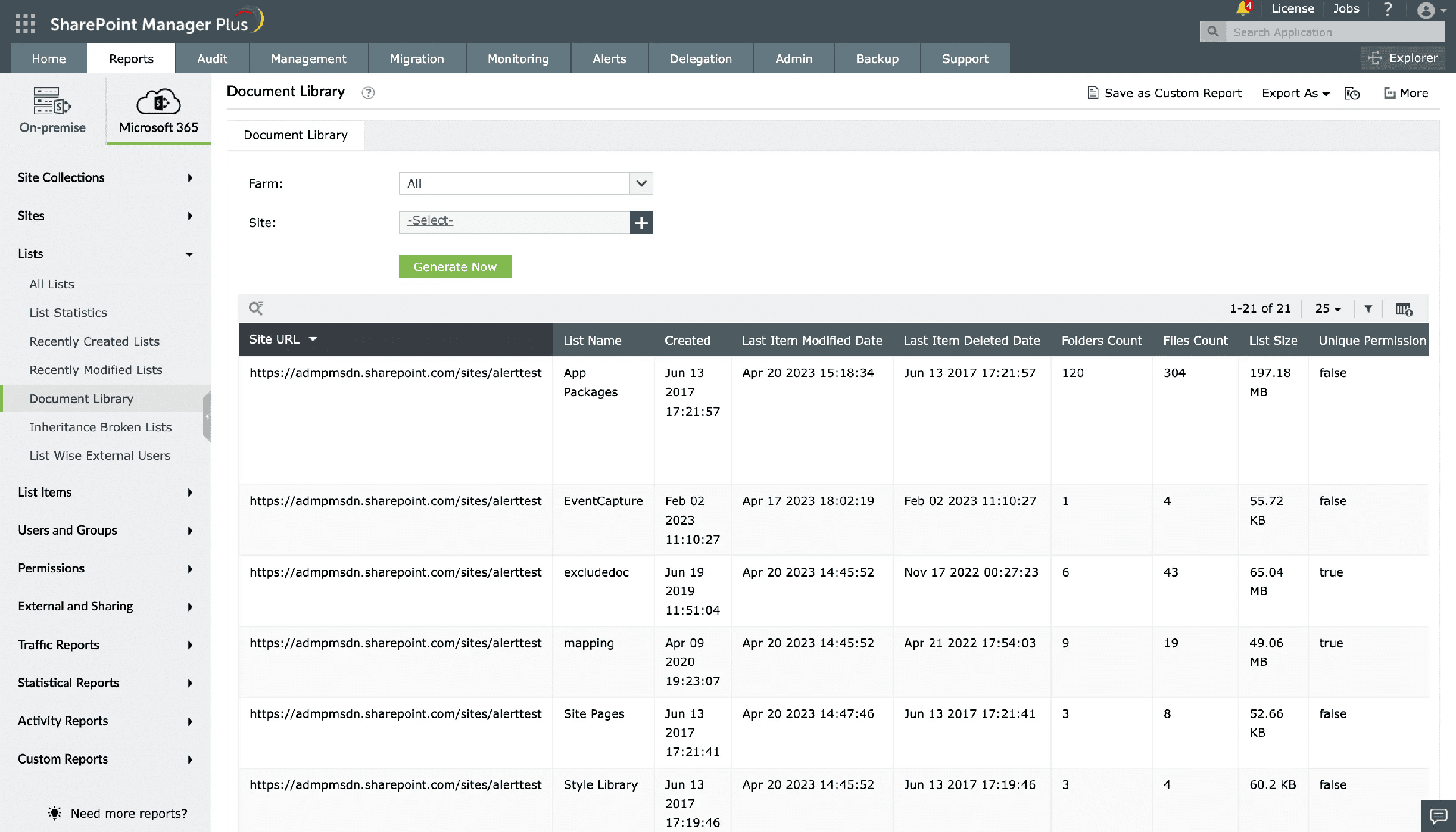 A report on document libraries generated using SharePoint Manager Plus
