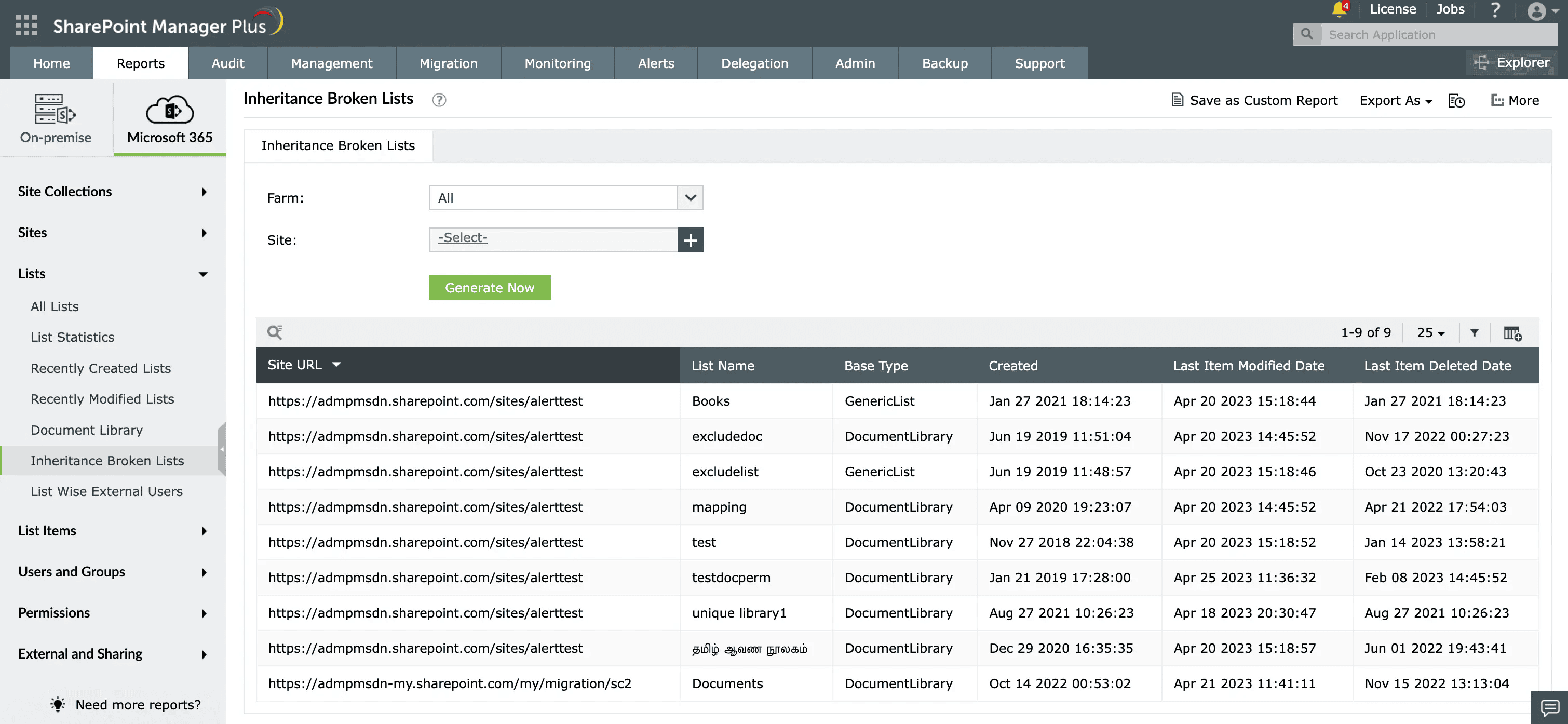 A report on inheritance-broken lists generated using SharePoint Manager Plus