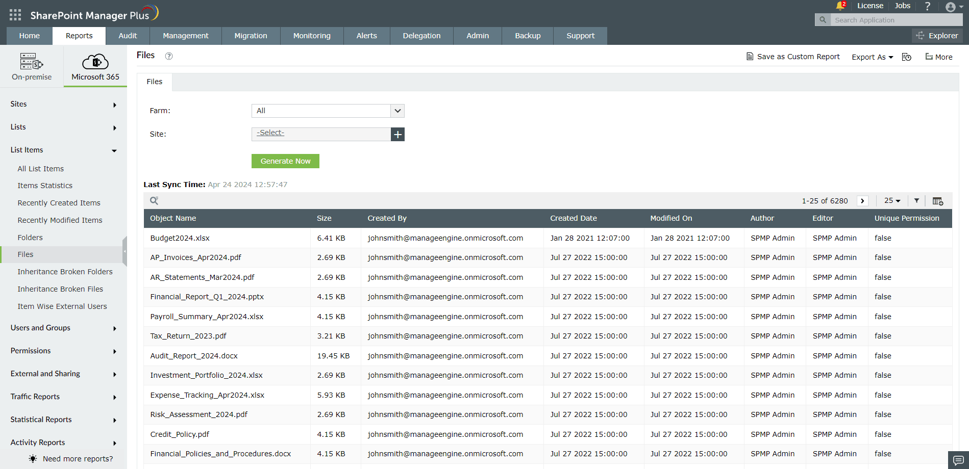 A report on the documents present inside a list generated using SharePoint Manager Plus