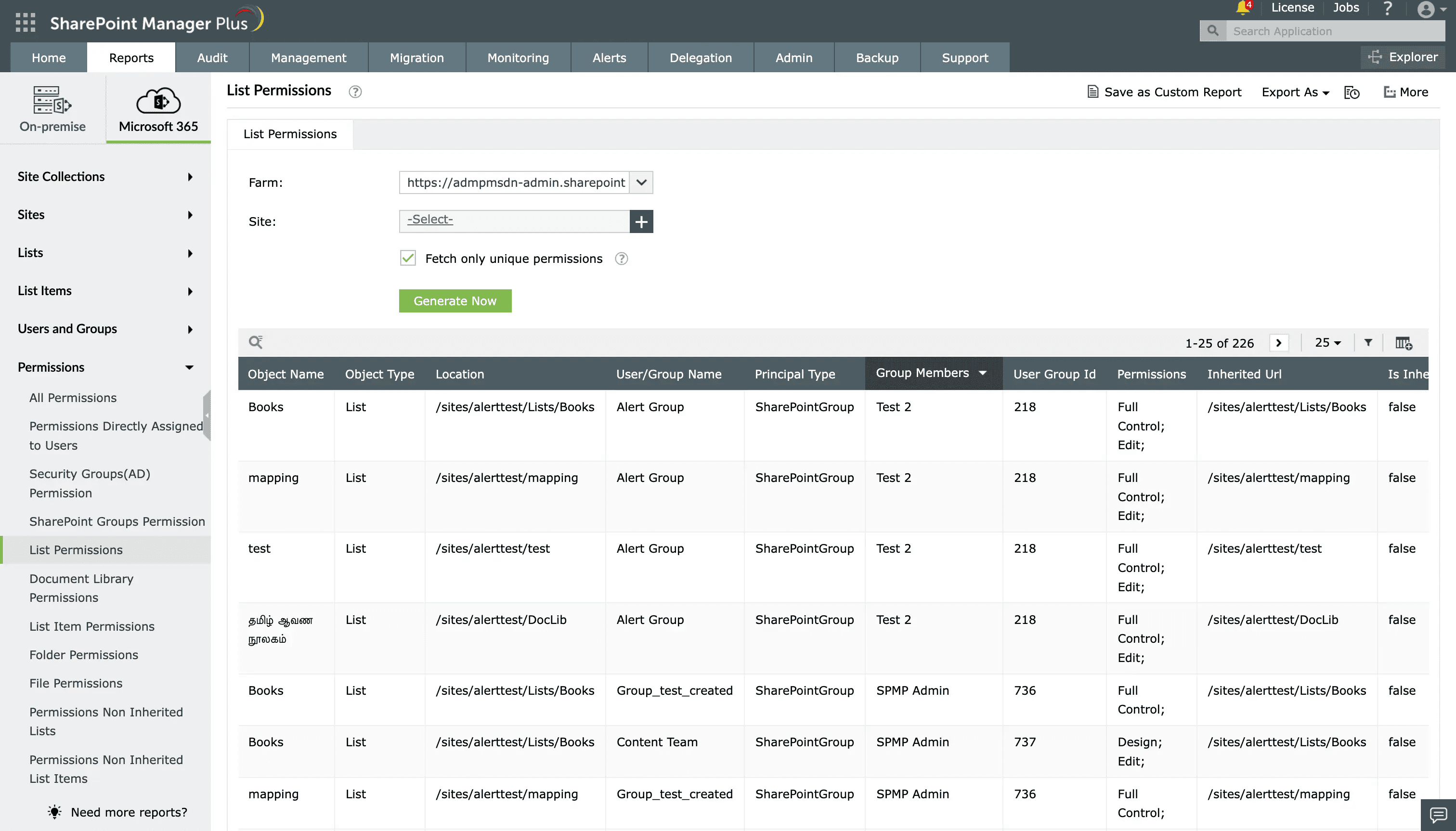 A report on list permissions generated using SharePoint Manager Plus