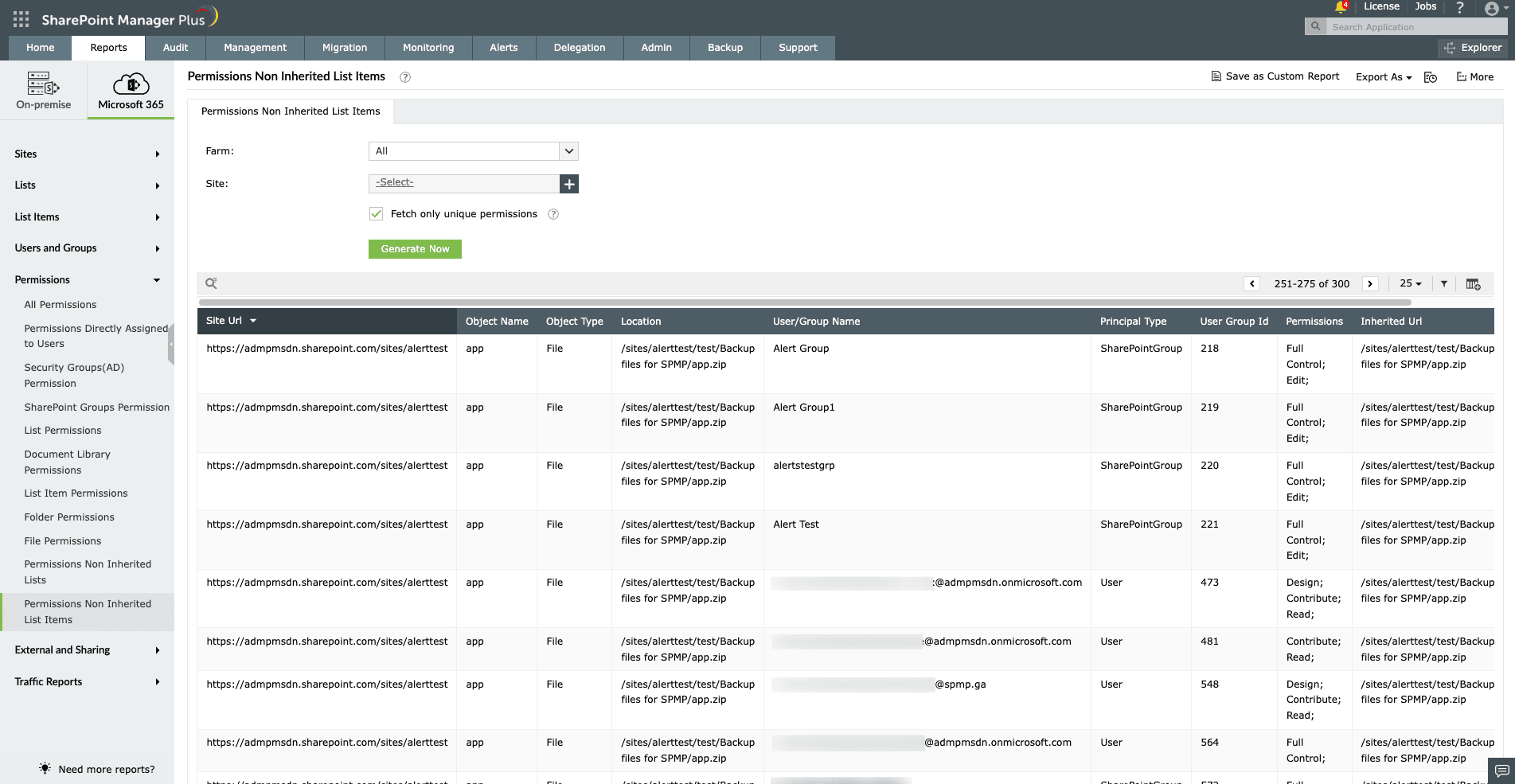 A report on non-inheriting list items generated using SharePoint Manager Plus