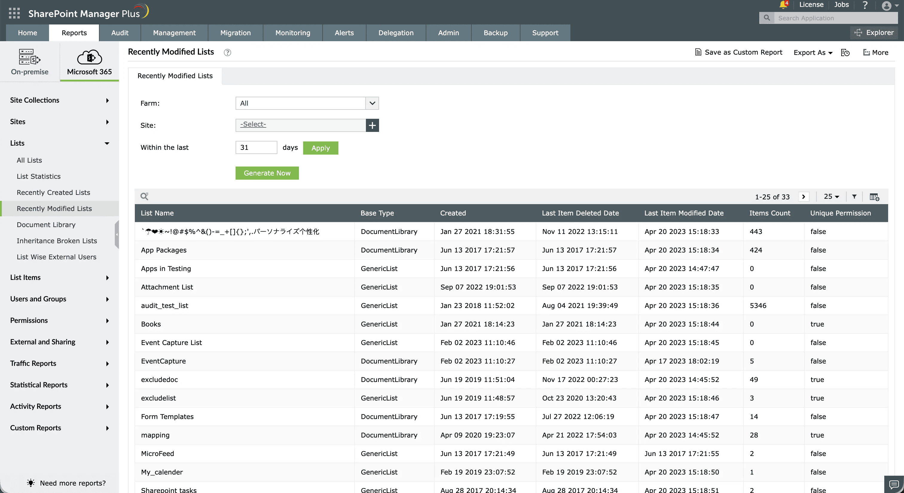 A report on recently modified lists generated using SharePoint Manager Plus