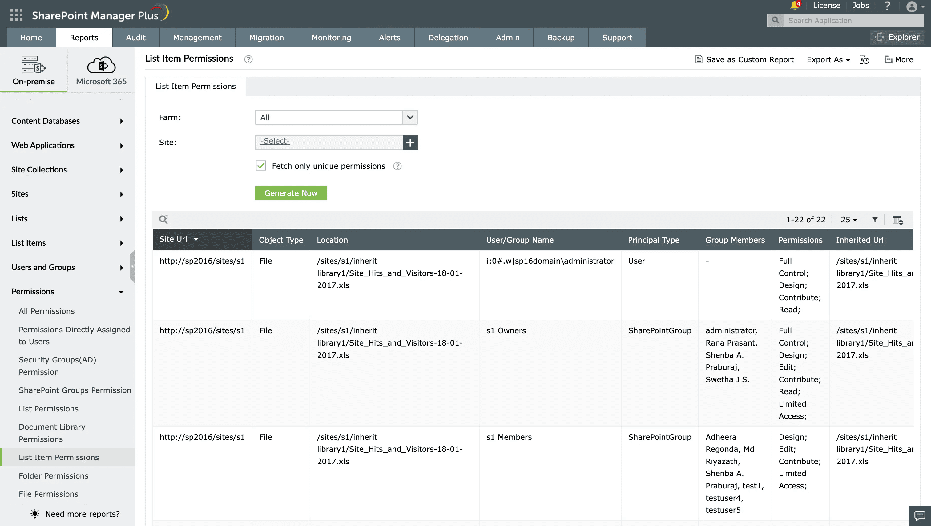 The List Item Permissions report in SharePoint Manager Plus