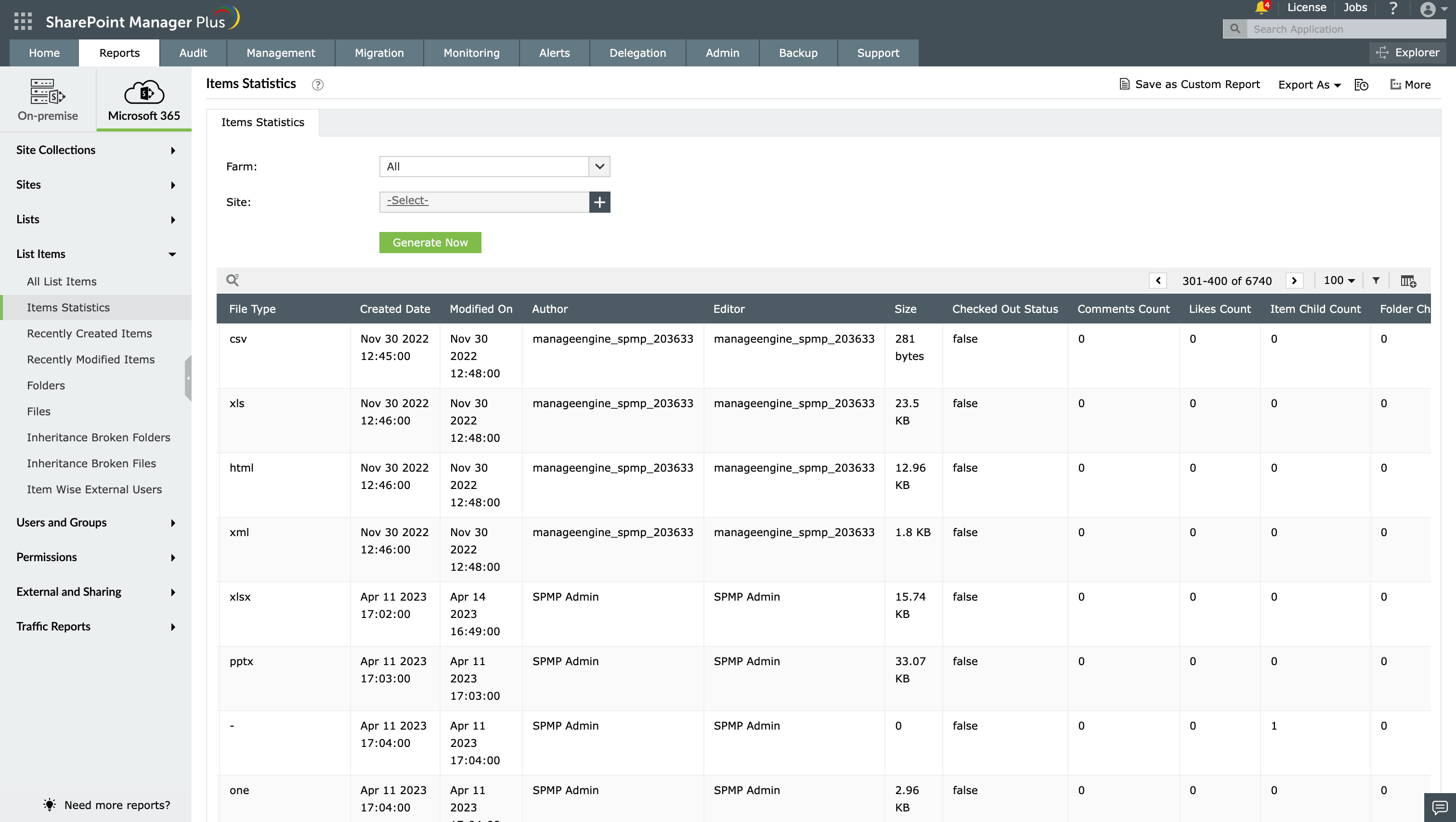 The Items Statistics report in SharePoint Manager Plus.