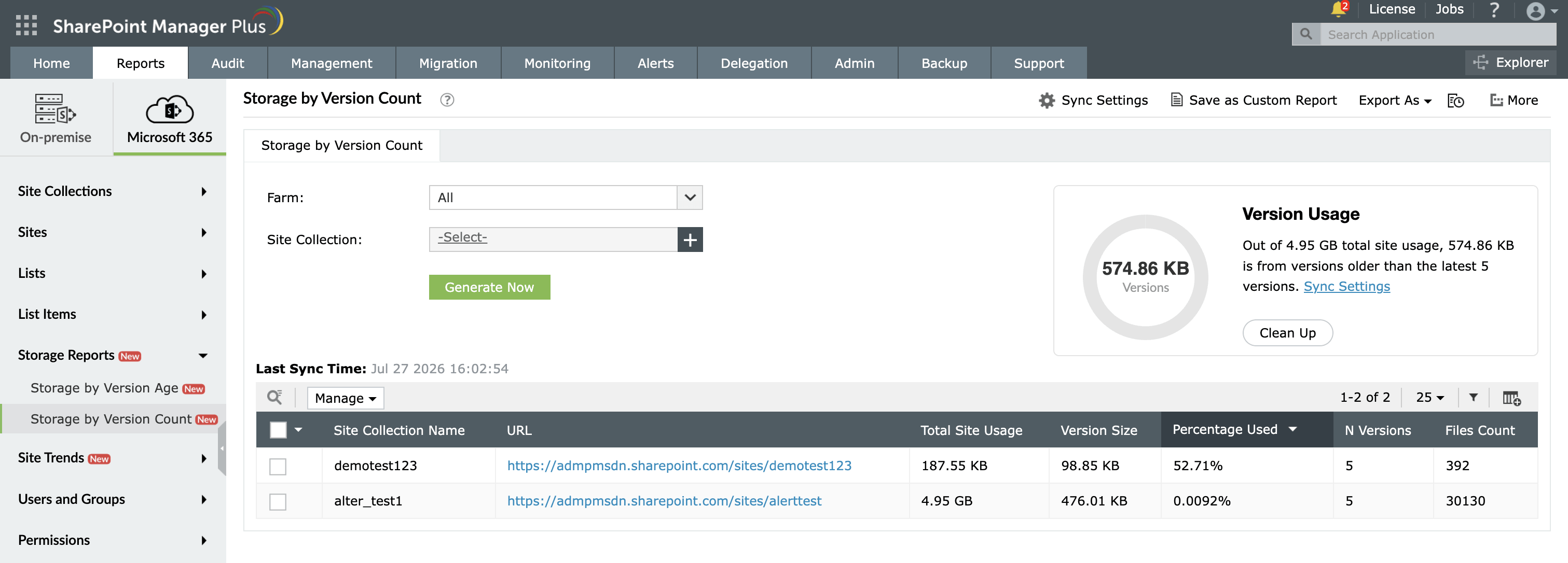 The Storage by Version Count report in SharePoint Manager Plus.