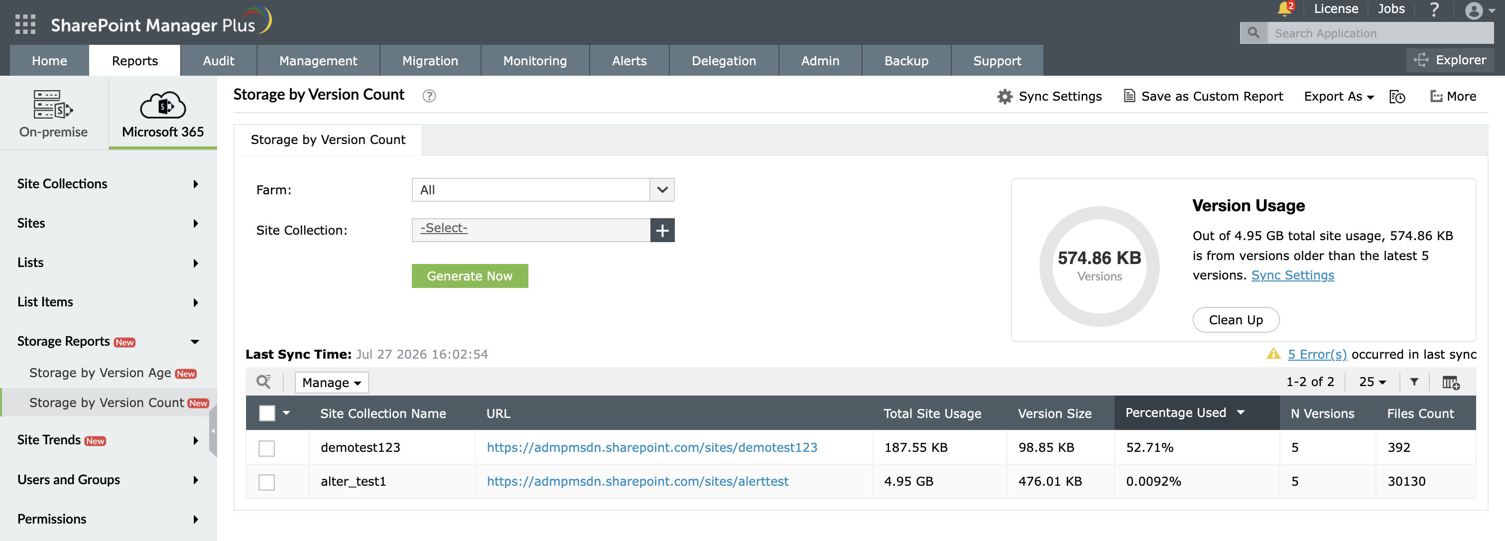 The Storage by Version Count report in SharePoint Manager Plus.