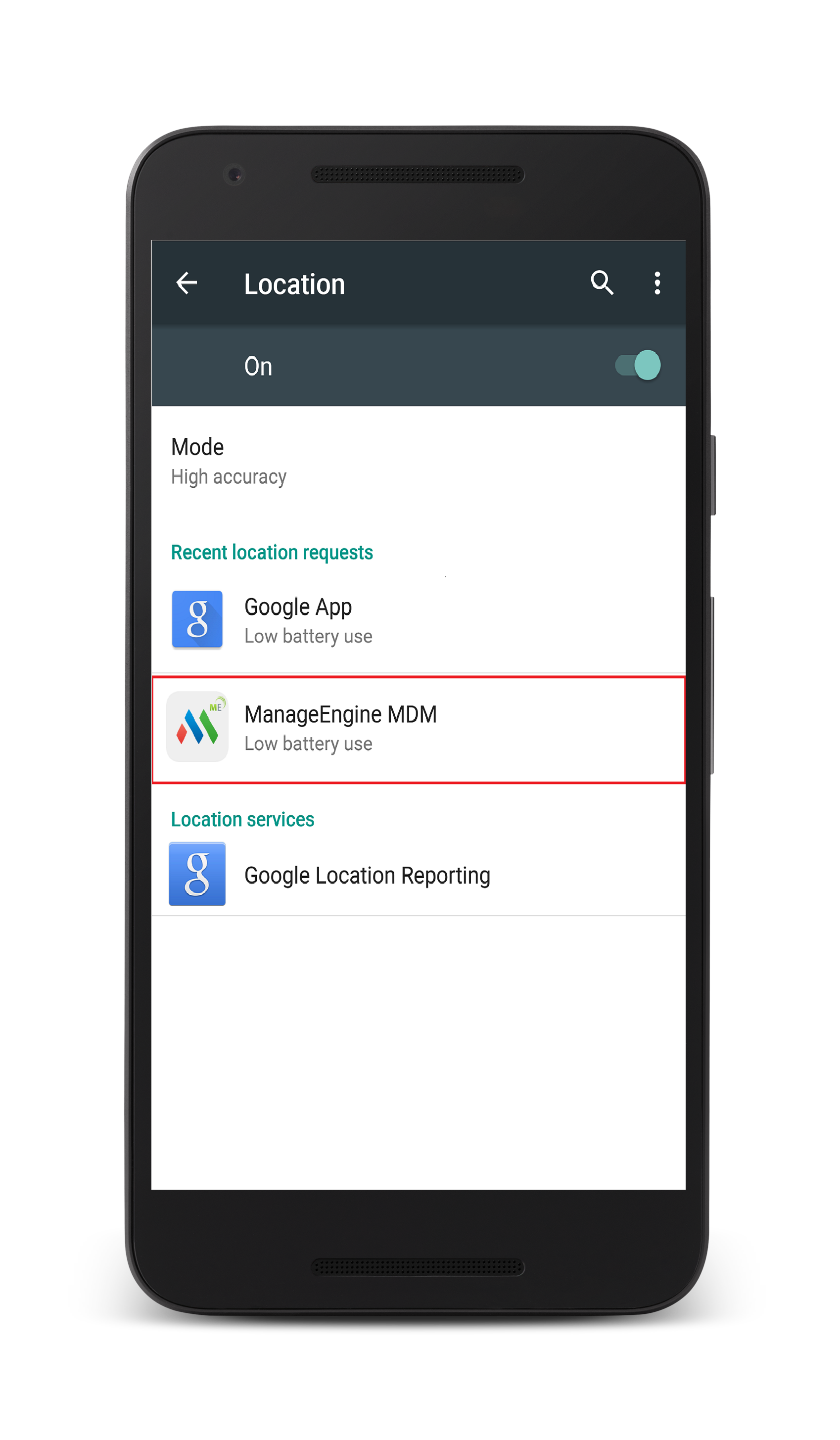 Android Location Settings screen showing ManageEngine MDM under Recent location requests