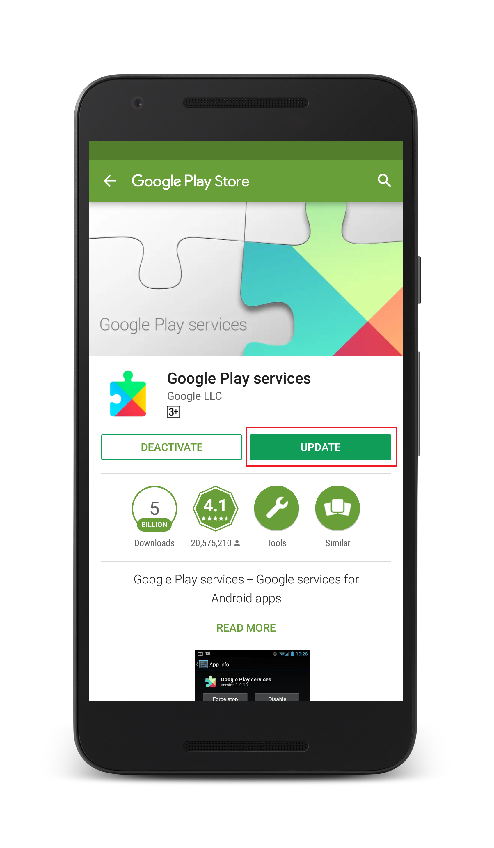 Google Play Store Update button for the Google Play services app