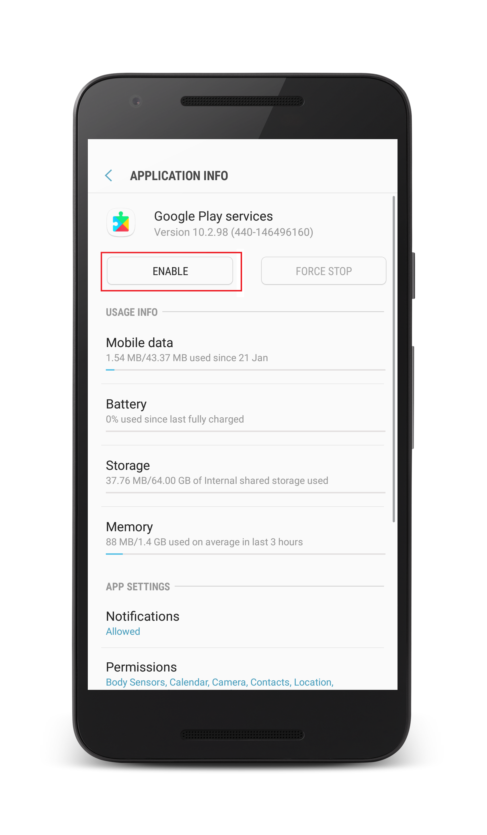 Google Play services app info screen with the Enable button