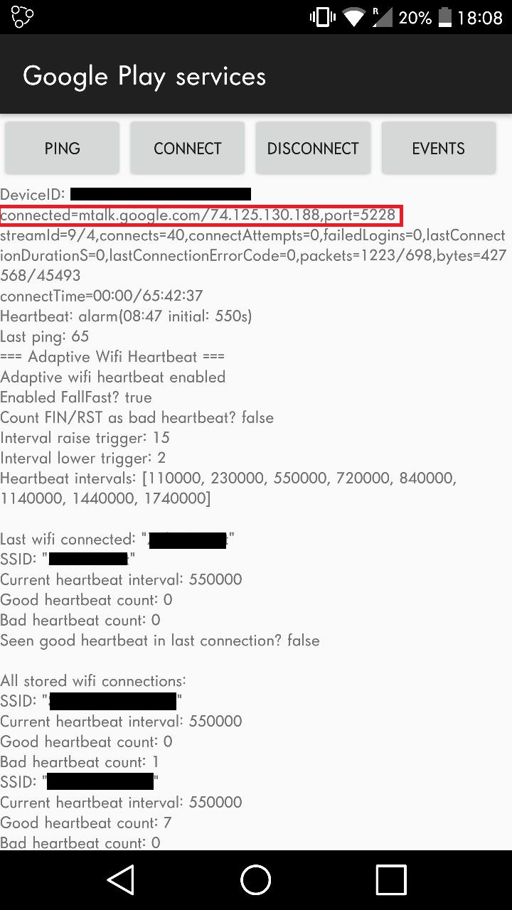 Google Play Services screen showing FCM server connectivity status on an Android device
