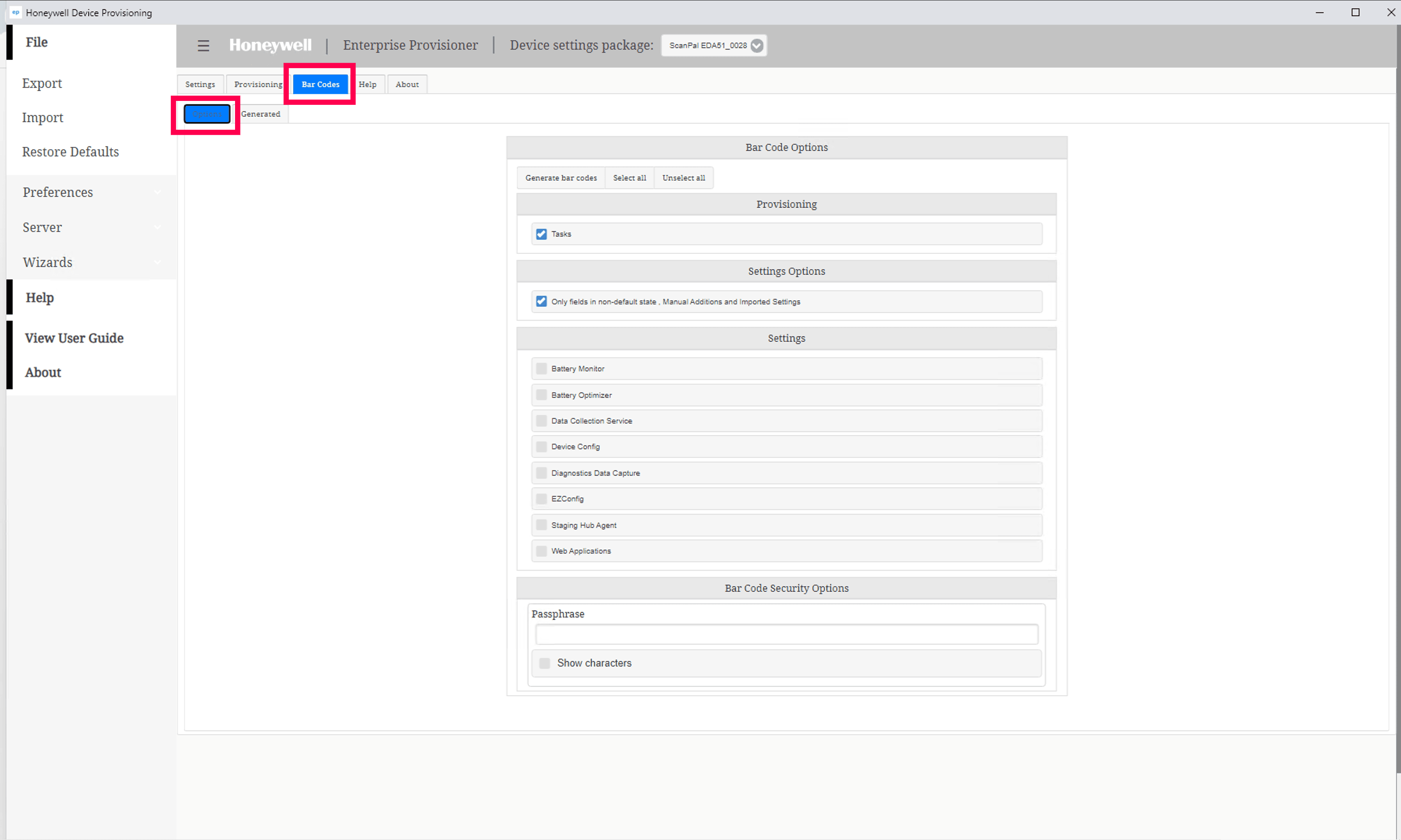Honeywell Settings screen