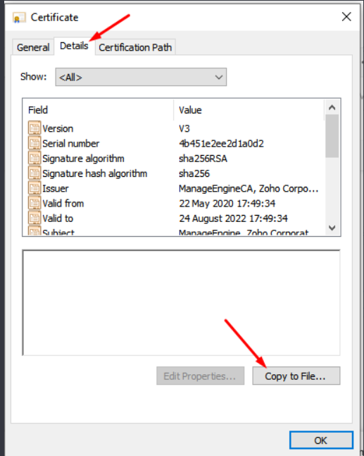 Certificate Export Wizard opened from the Details tab to copy the intermediate certificate to a file