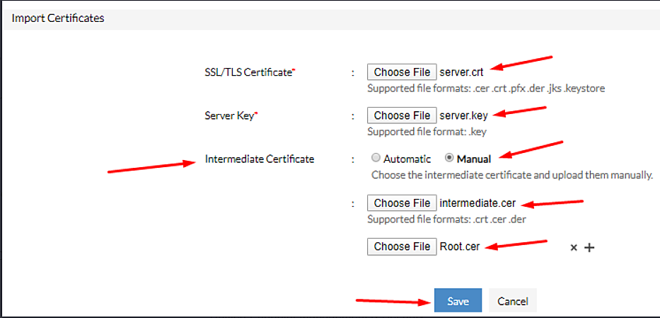 Import SSL Certificates page in Mobile Device Manager Plus showing root certificate and manual intermediate certificate upload