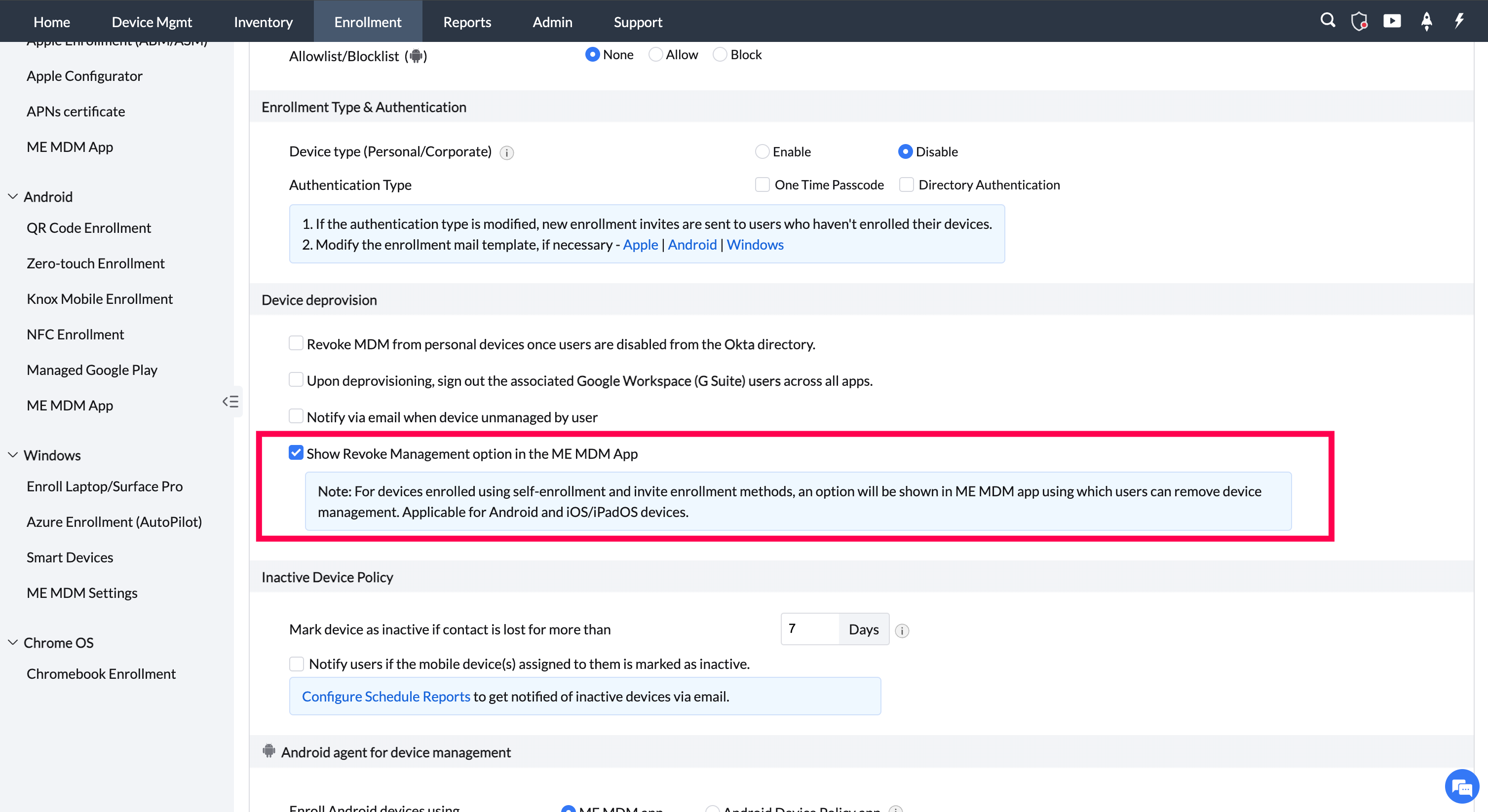 Enabling the revoke management option in Self Service app (previously ME MDM app) illustration 3