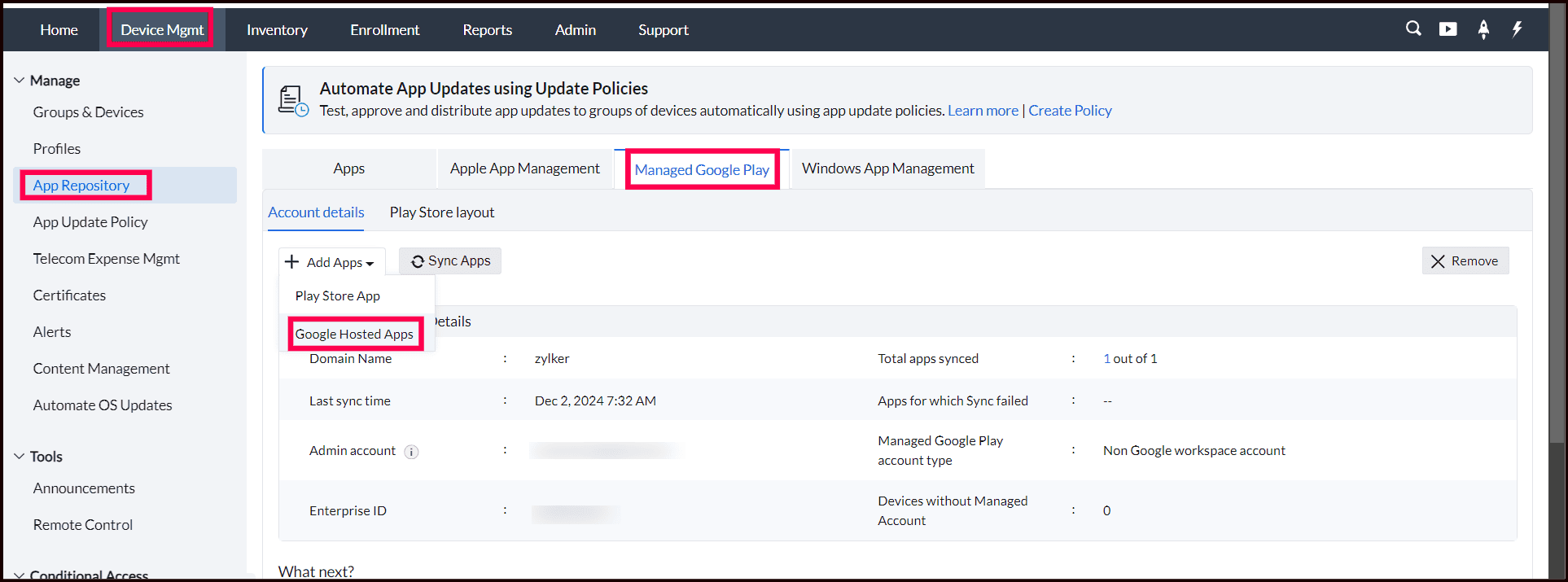 How to Publish Google Hosted Web Apps Directly from the ME MDM Console? illustration 3