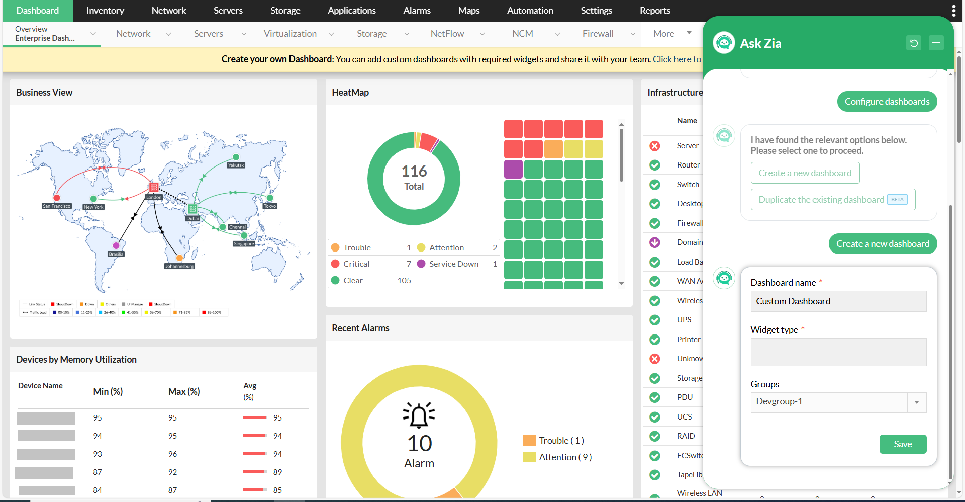 Zia Chatbot in OpManager: Customizable dashboards