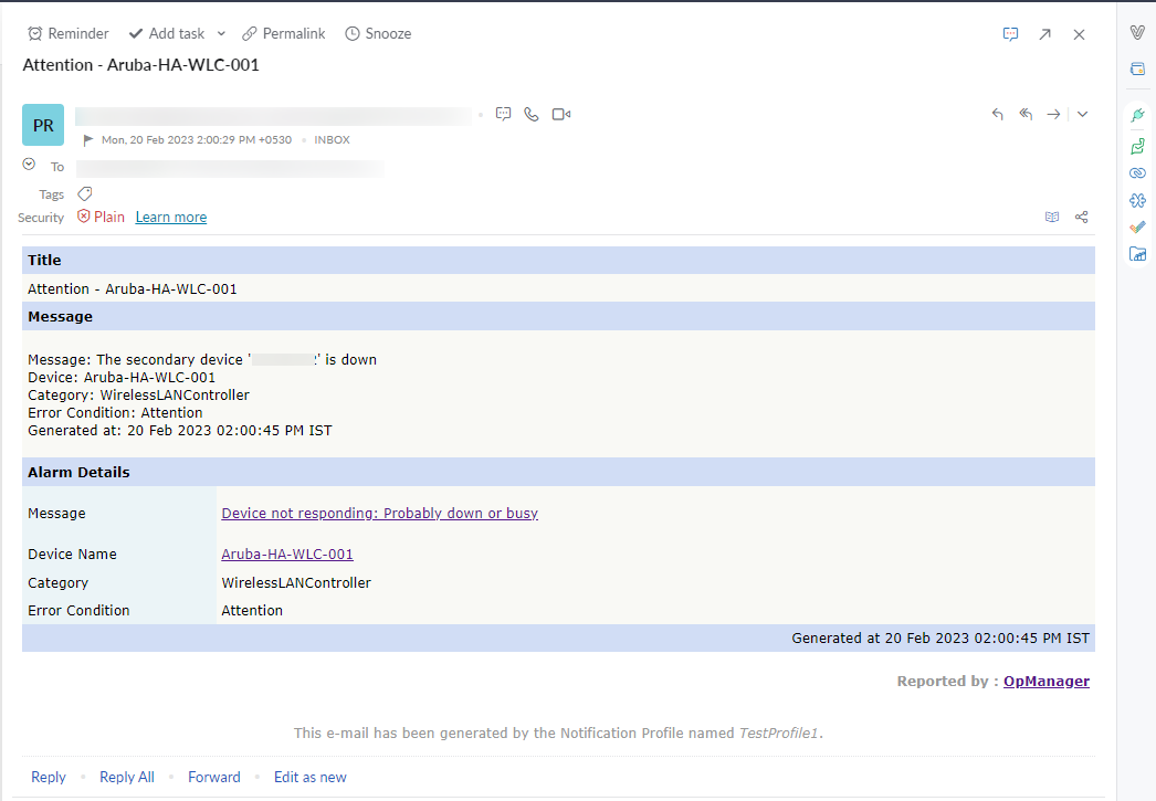 High Availability Monitoring in OpManager: Notification profiles for high availability