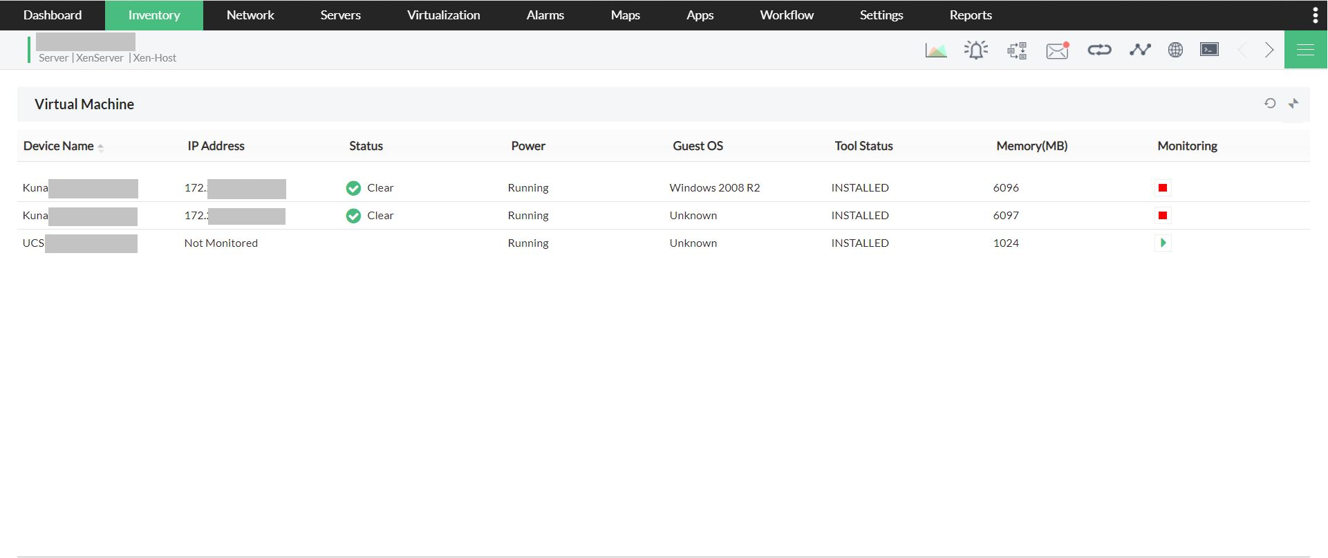 Citrix monitoring in OpManager: Virtual machine list