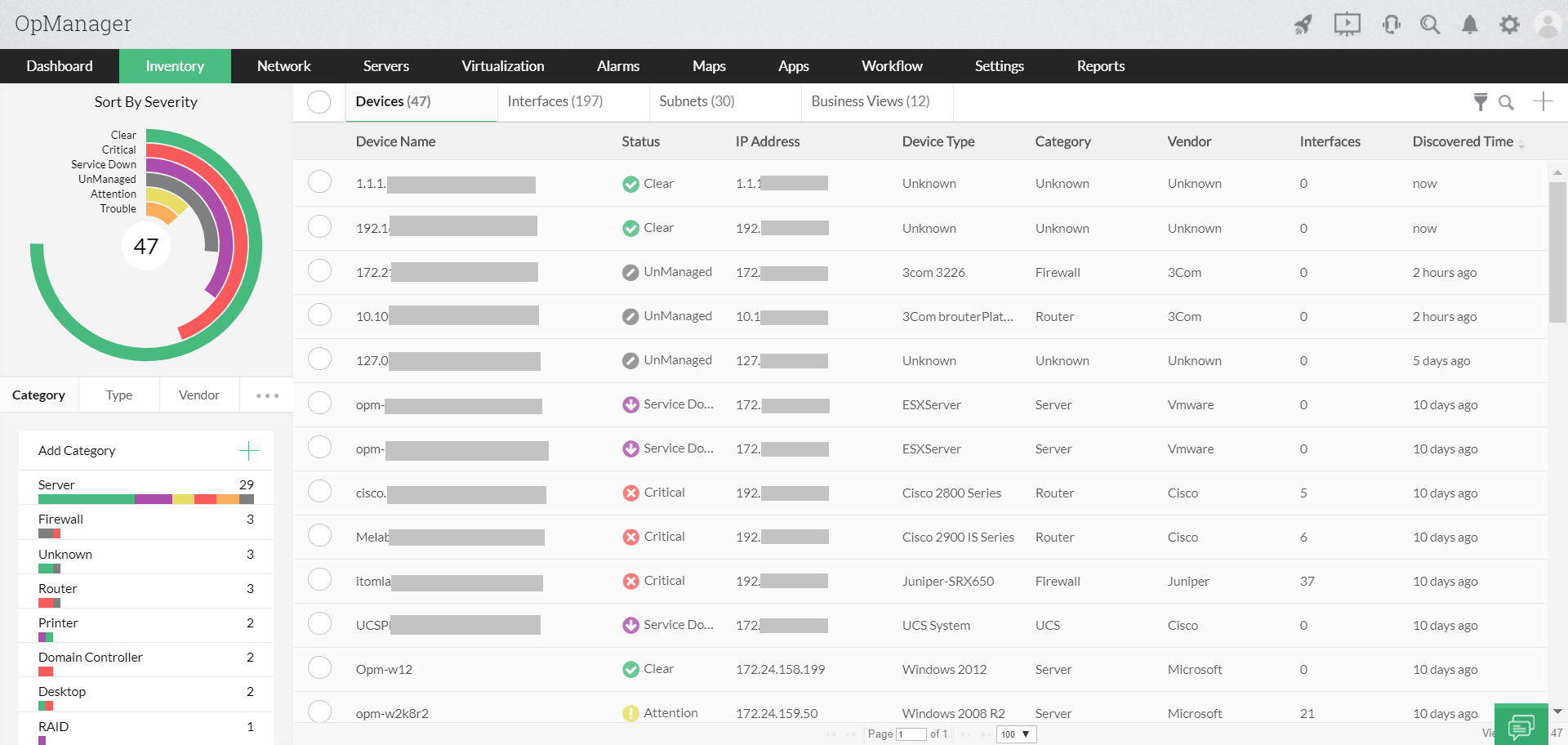 Enterprise network monitoring by OpManager: DInventory