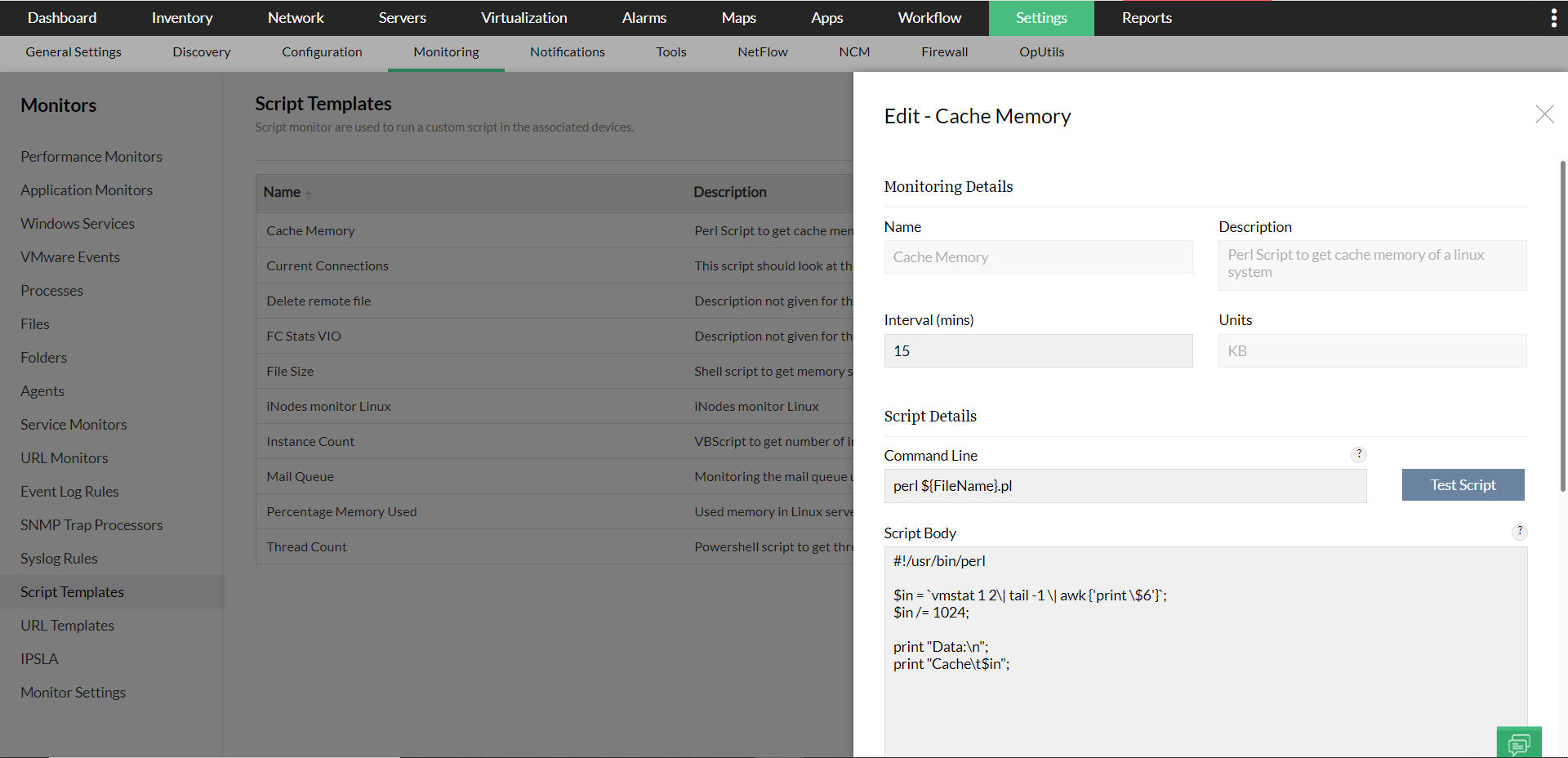 Script monitoring in OpManager: Edit cache memory - Memory details