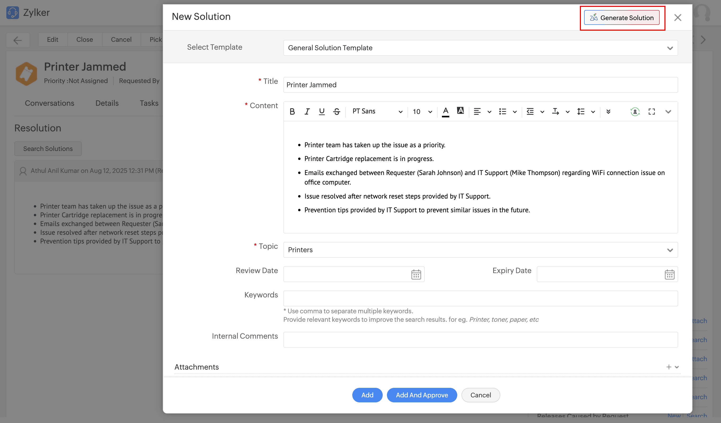 Solution Generator in Request Resolution