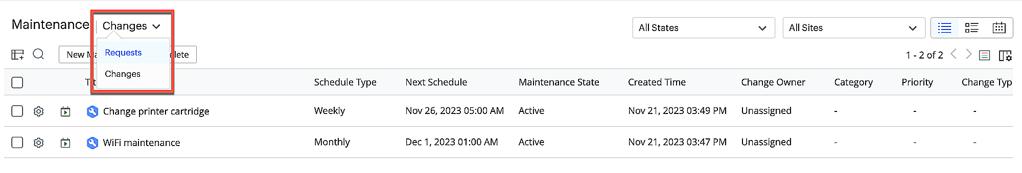 Site filter - List view