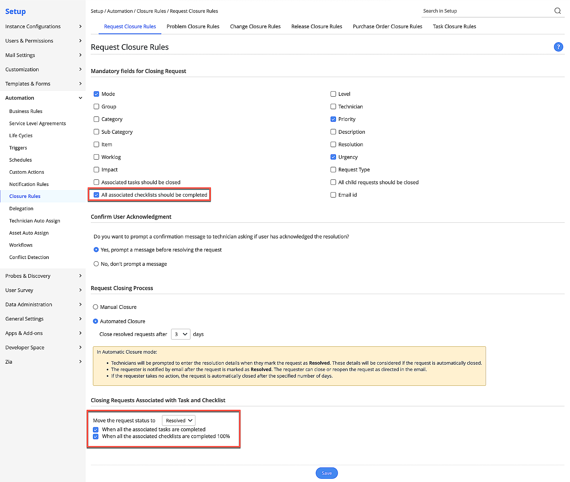 Configure Checklists in Closure Rules