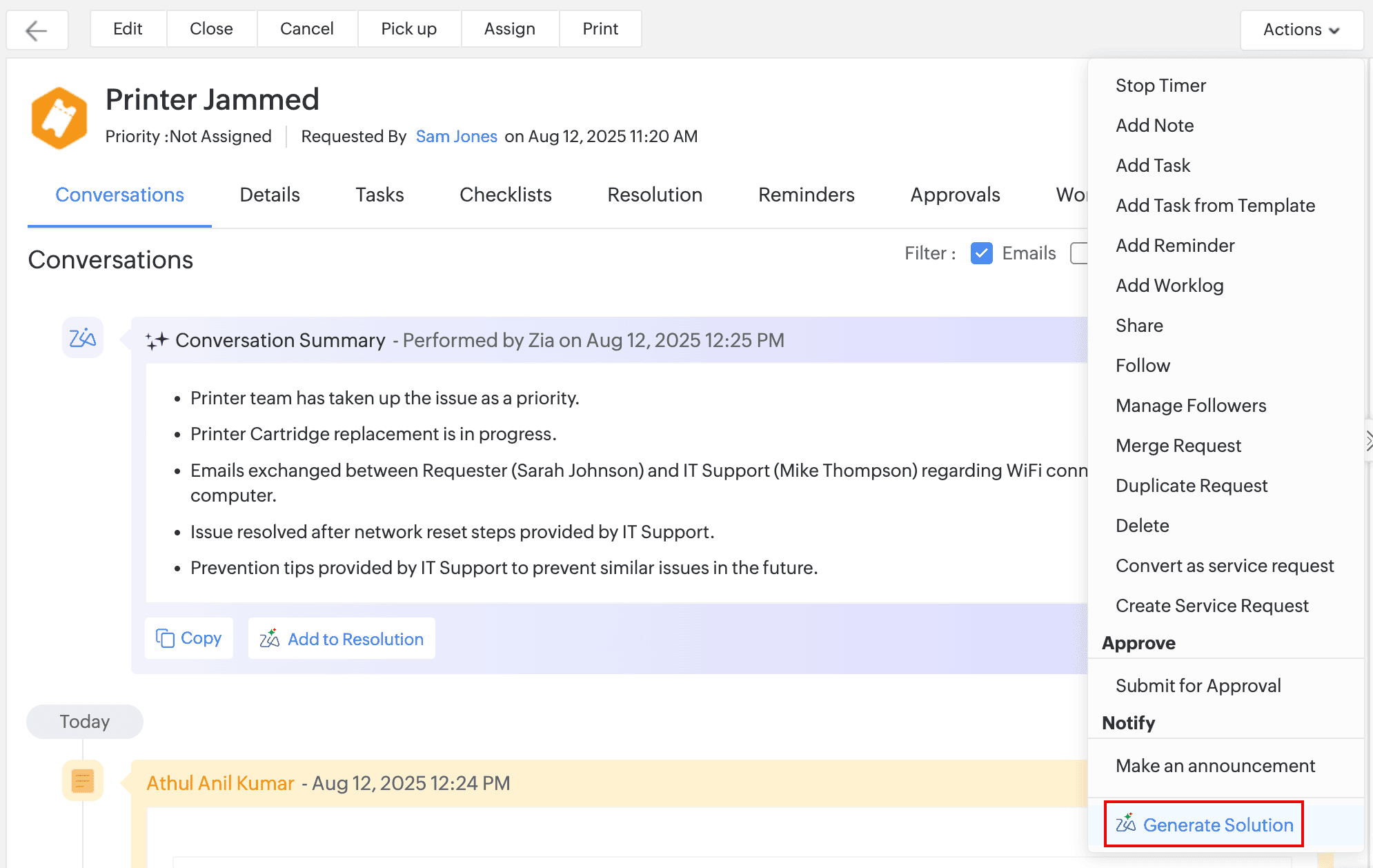 Solution Generator in Request Conversations