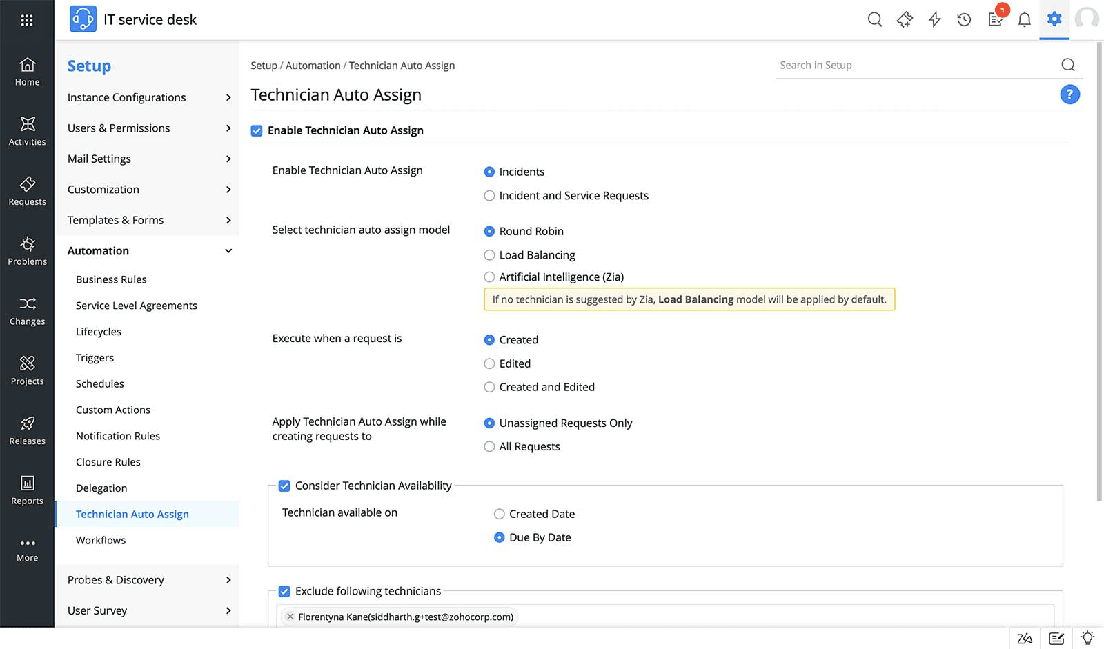 Technician assignment rules supporting SLA-based ticket resolution