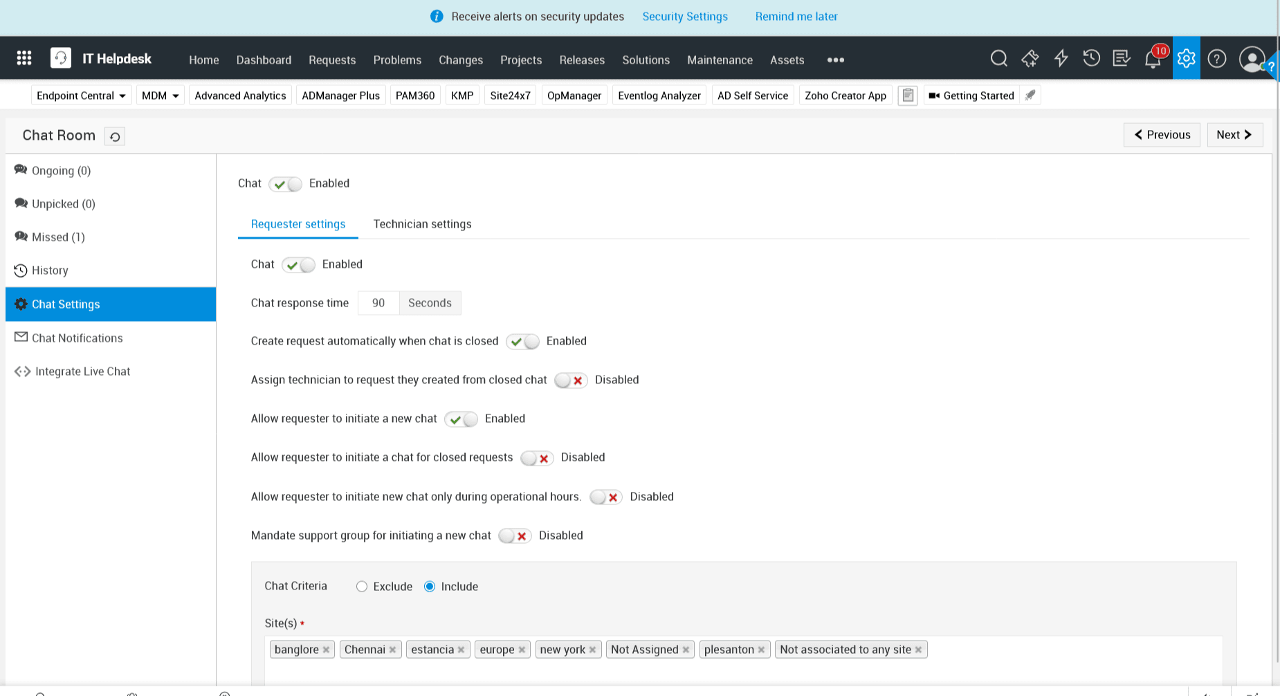 Live chat requester settings