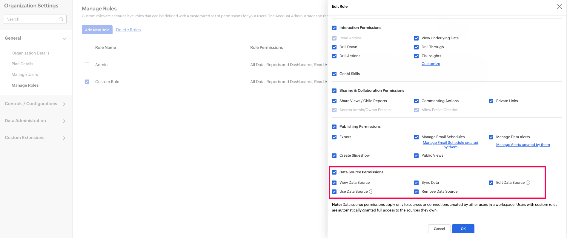 Data Source Permissions for Custom Roles
