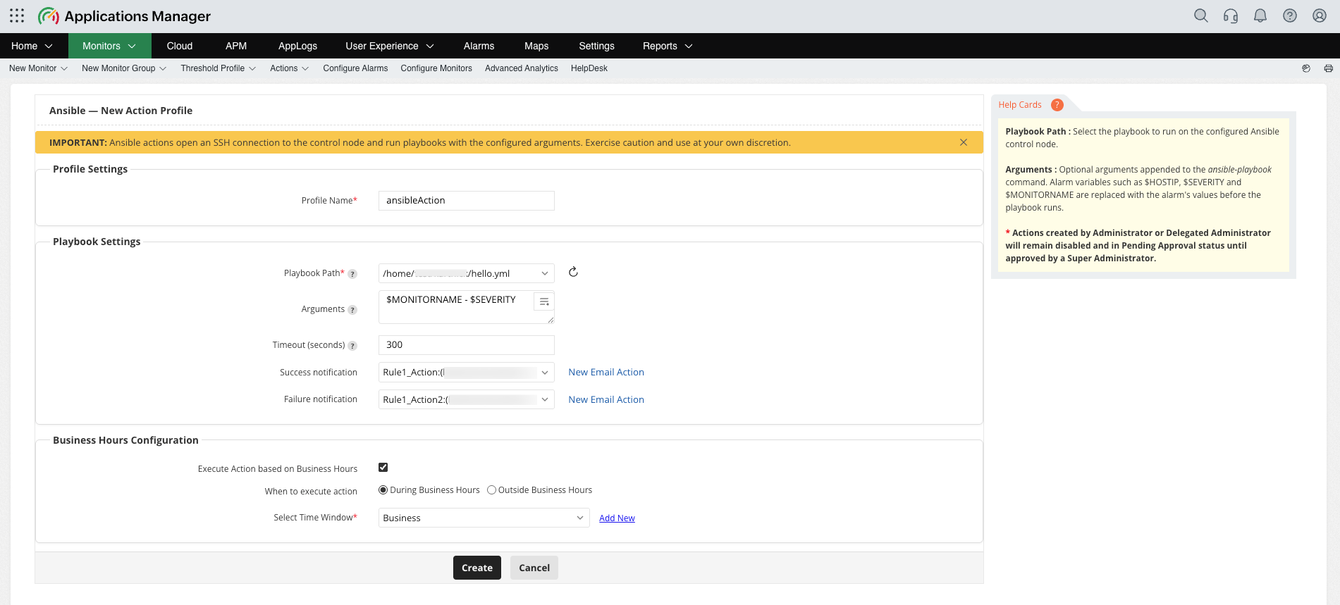 Create an Ansible Action profile Applications Manager Ansible New Action Profile page with profile, playbook, arguments, timeout, notification, and business hours settings
