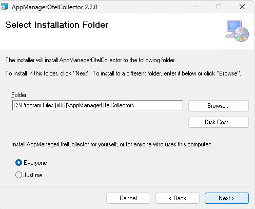 APM Insight OTel Collector installation wizard - Installation folder